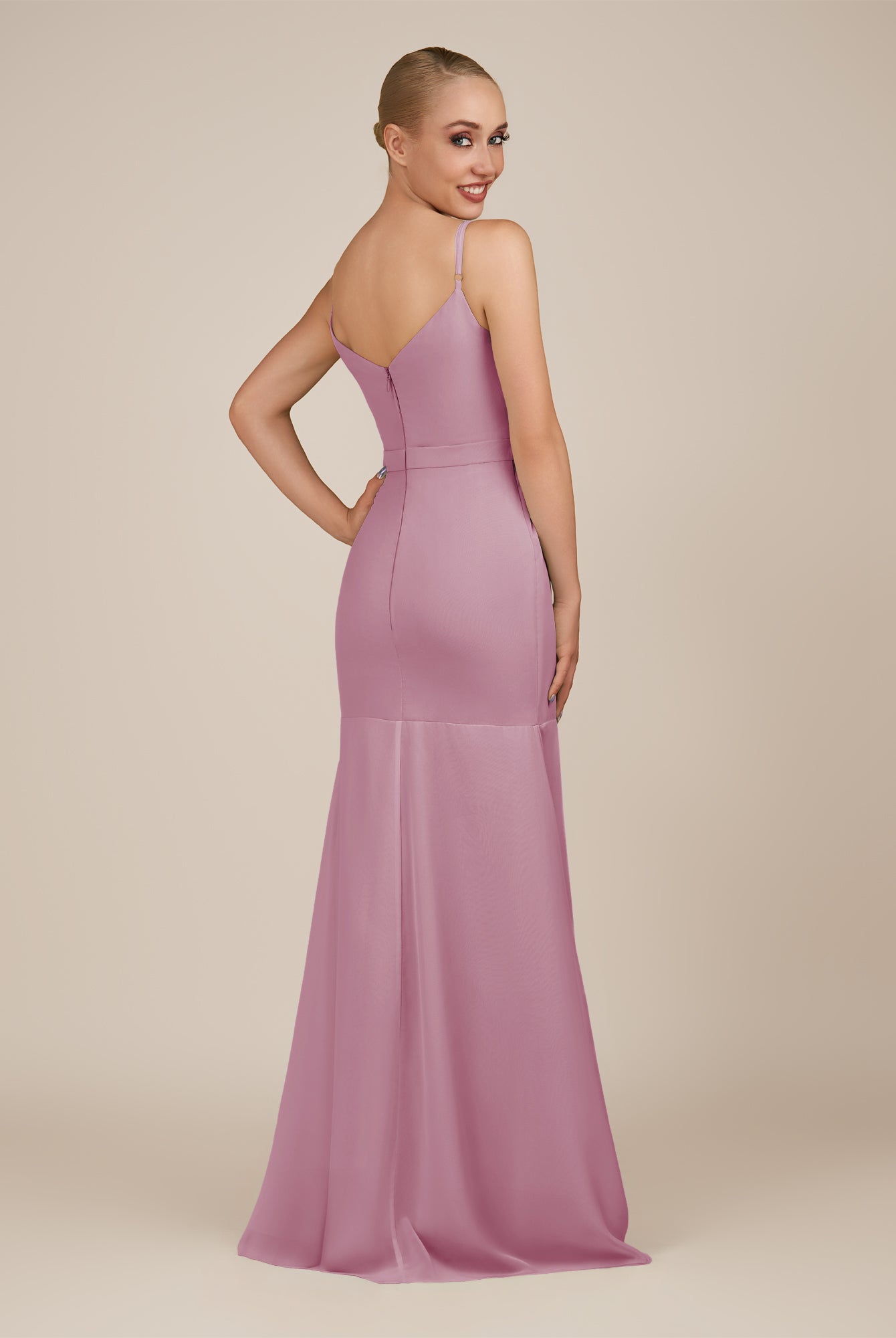 KissDress-Virelai Vintage Mauve Sheath Scoop Neck Chiffon Long Bridesmaid Dress