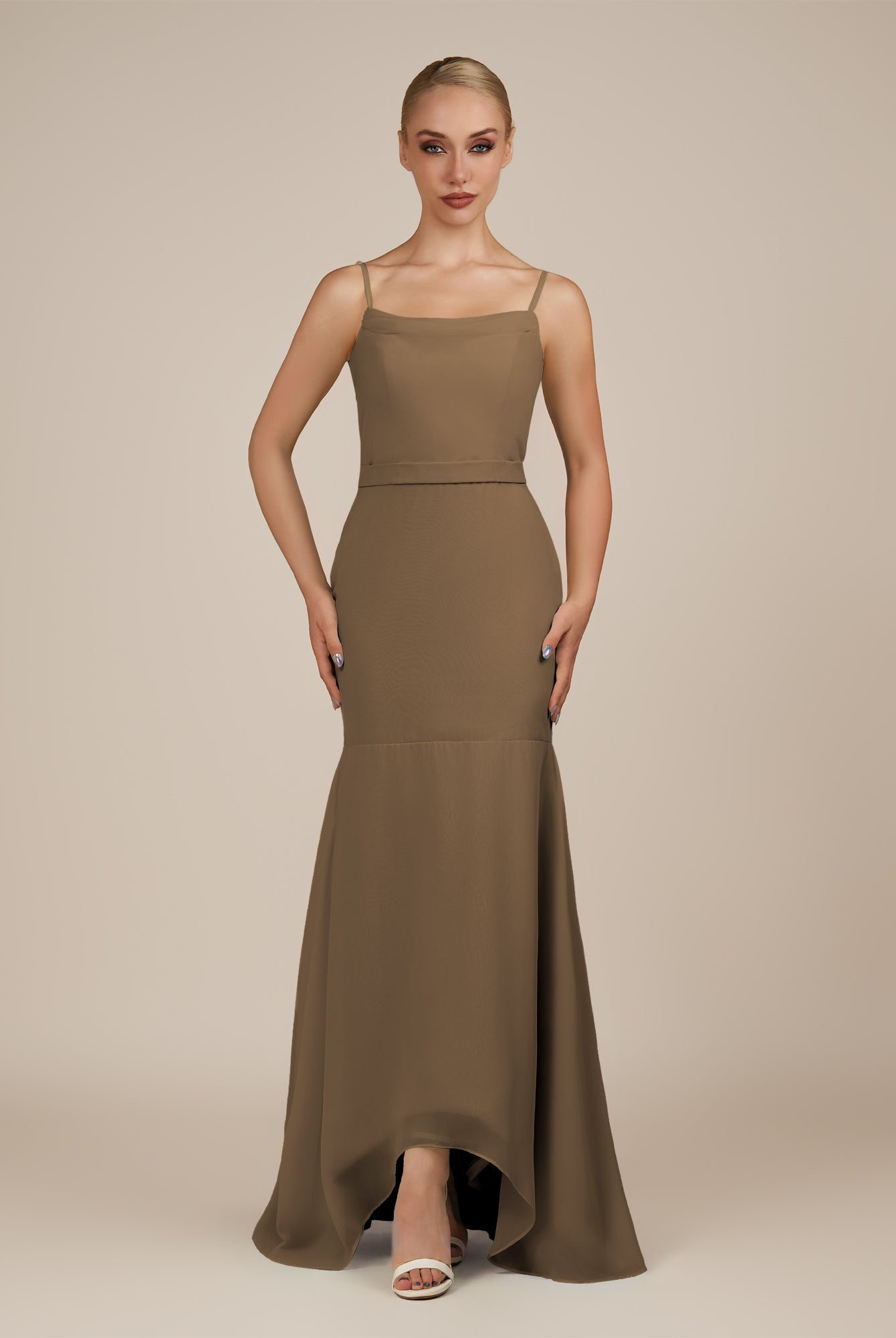 KissDress-Virelai Willow Green Sheath Scoop Neck Chiffon Long Bridesmaid Dress