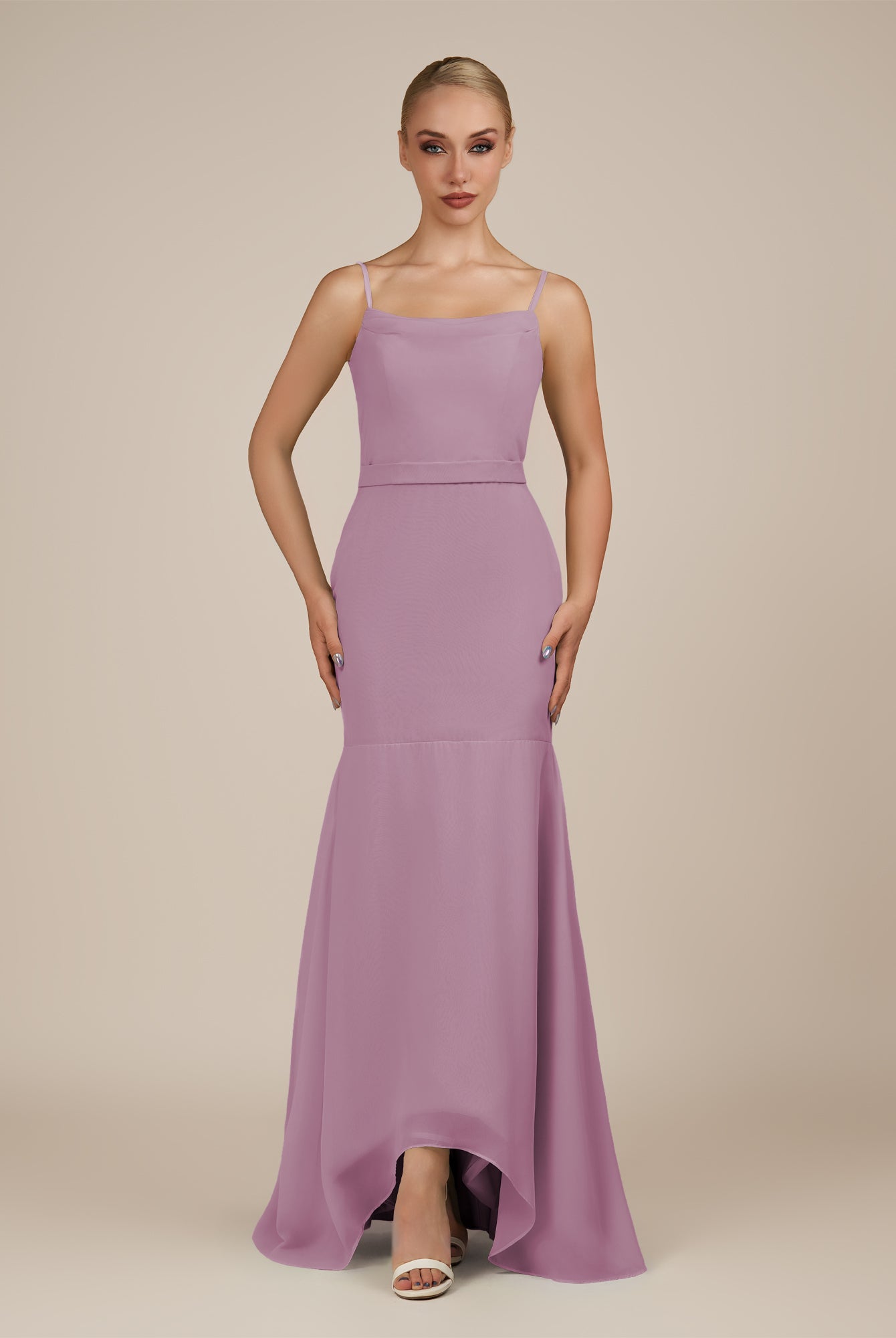 KissDress-Virelai Wisteria Sheath Scoop Neck Chiffon Long Bridesmaid Dress
