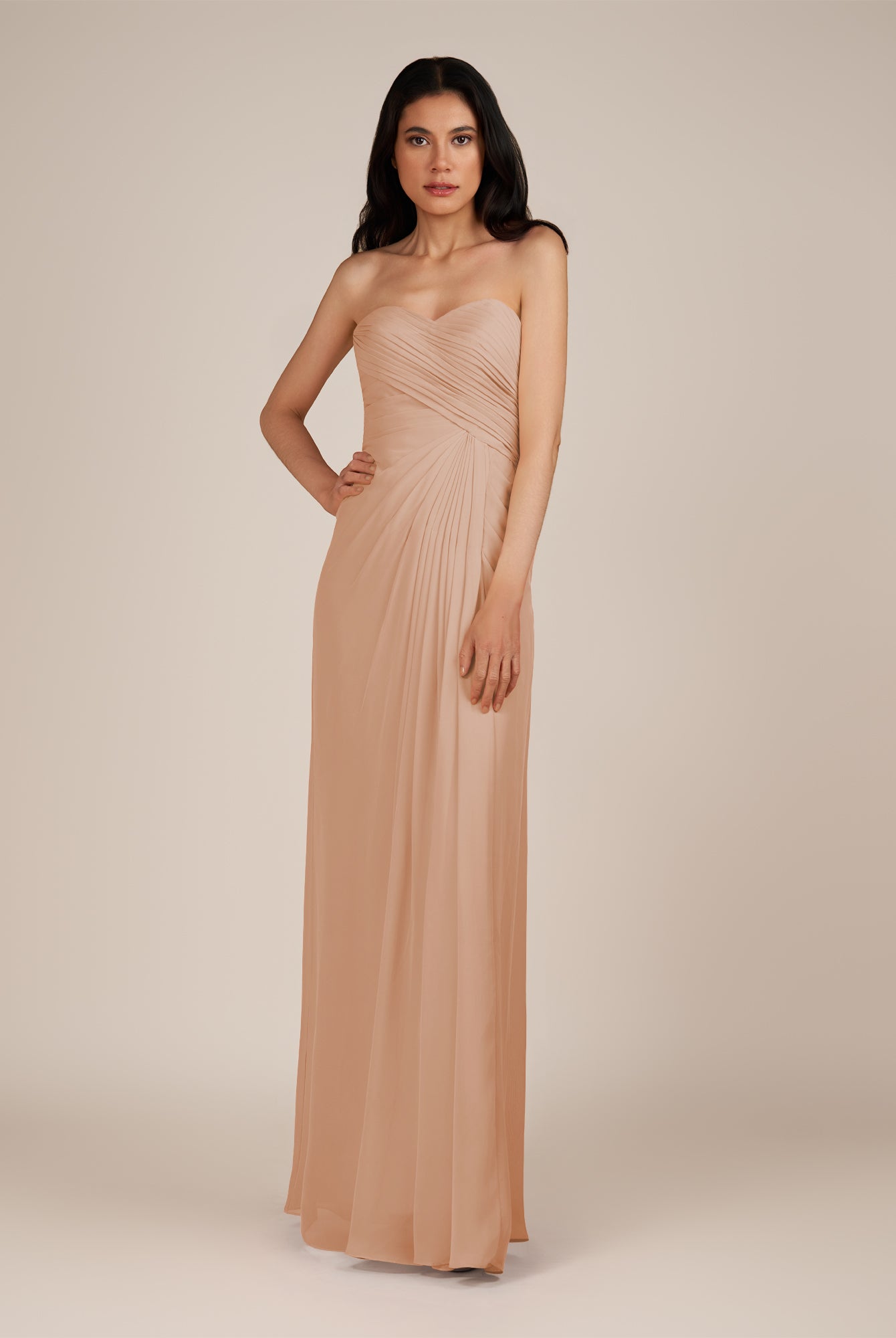 KissDress | Champagne Rose - Spice A Line Chiffon Sweetheart Long Bridesmaid Dress with Pleats