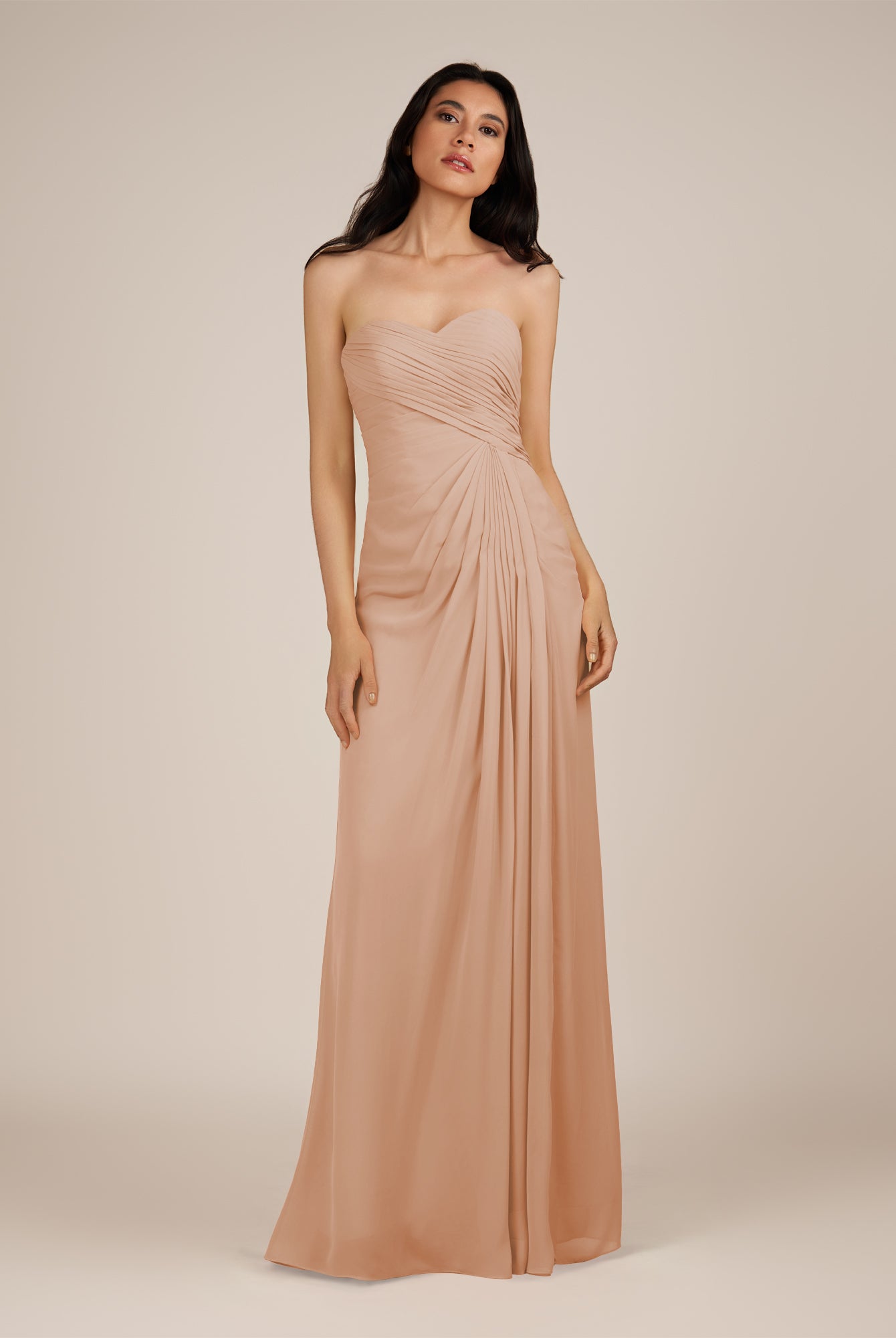 KissDress | Champagne Rose - Spice A Line Chiffon Sweetheart Long Bridesmaid Dress with Pleats