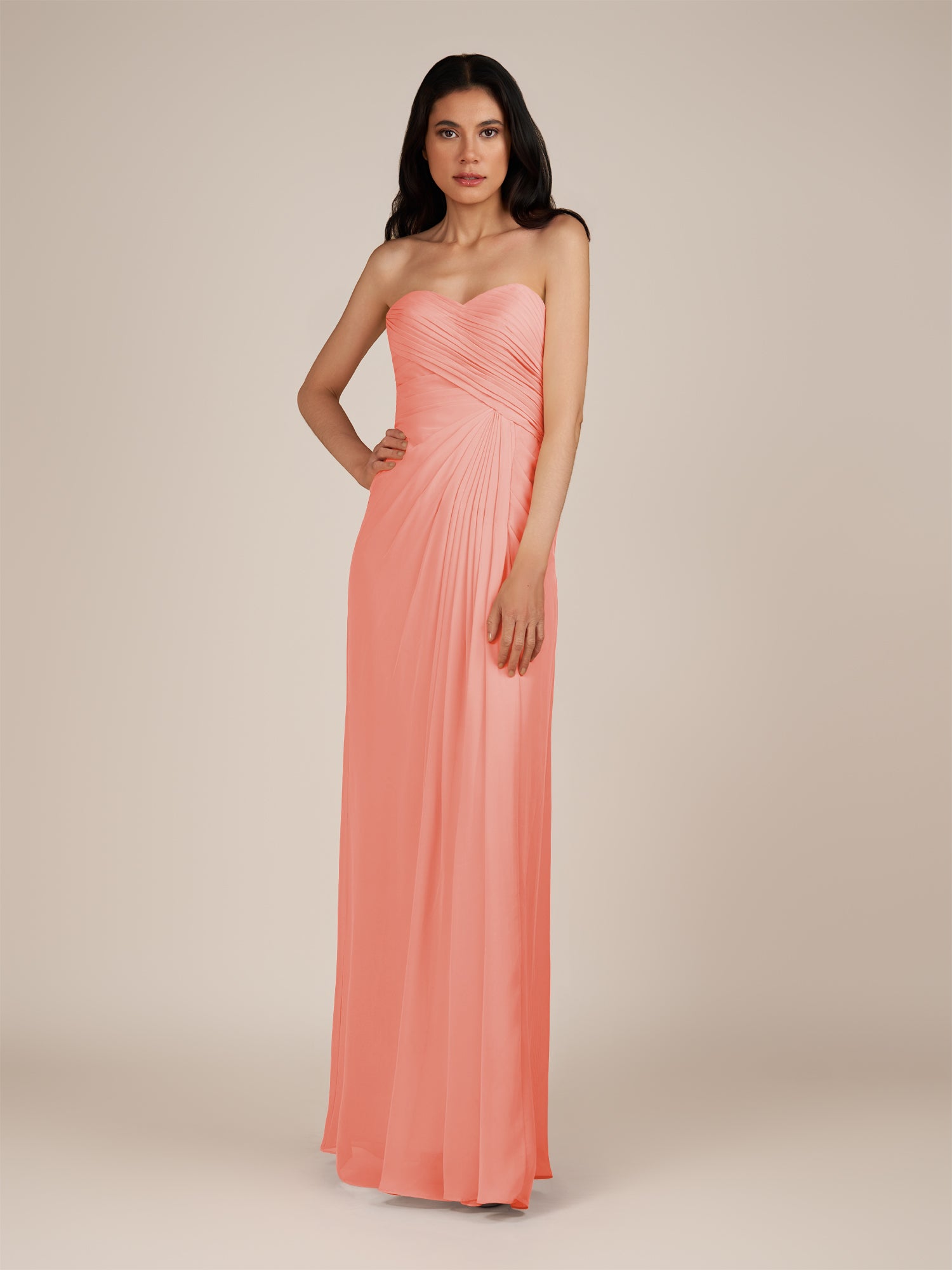 KissDress | Coral - Spice A Line Chiffon Sweetheart Long Bridesmaid Dress with Pleats