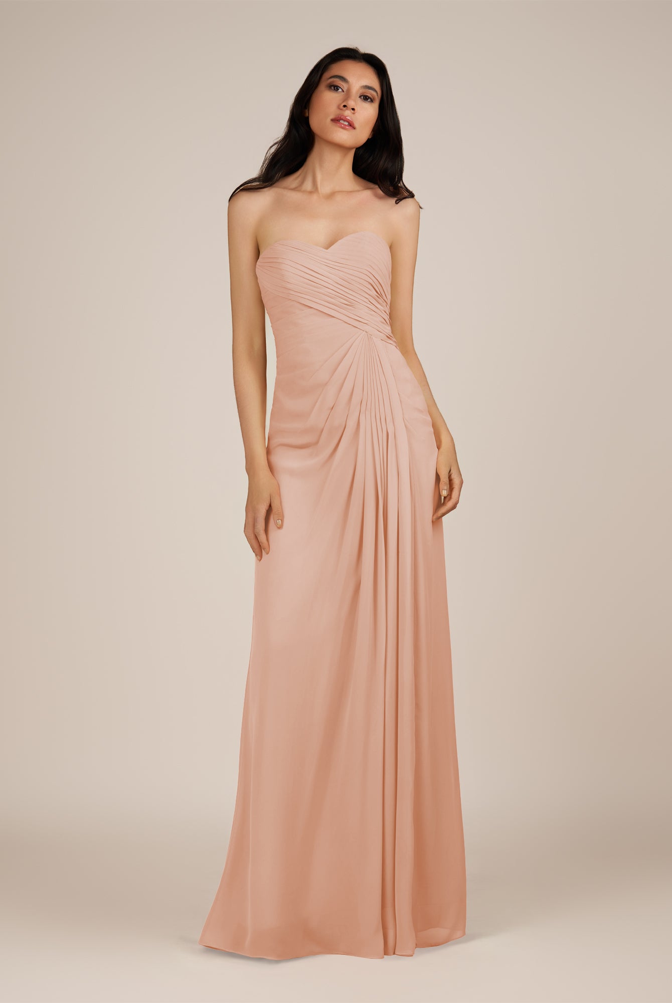 KissDress | English Rose - Spice A Line Chiffon Sweetheart Long Bridesmaid Dress with Pleats