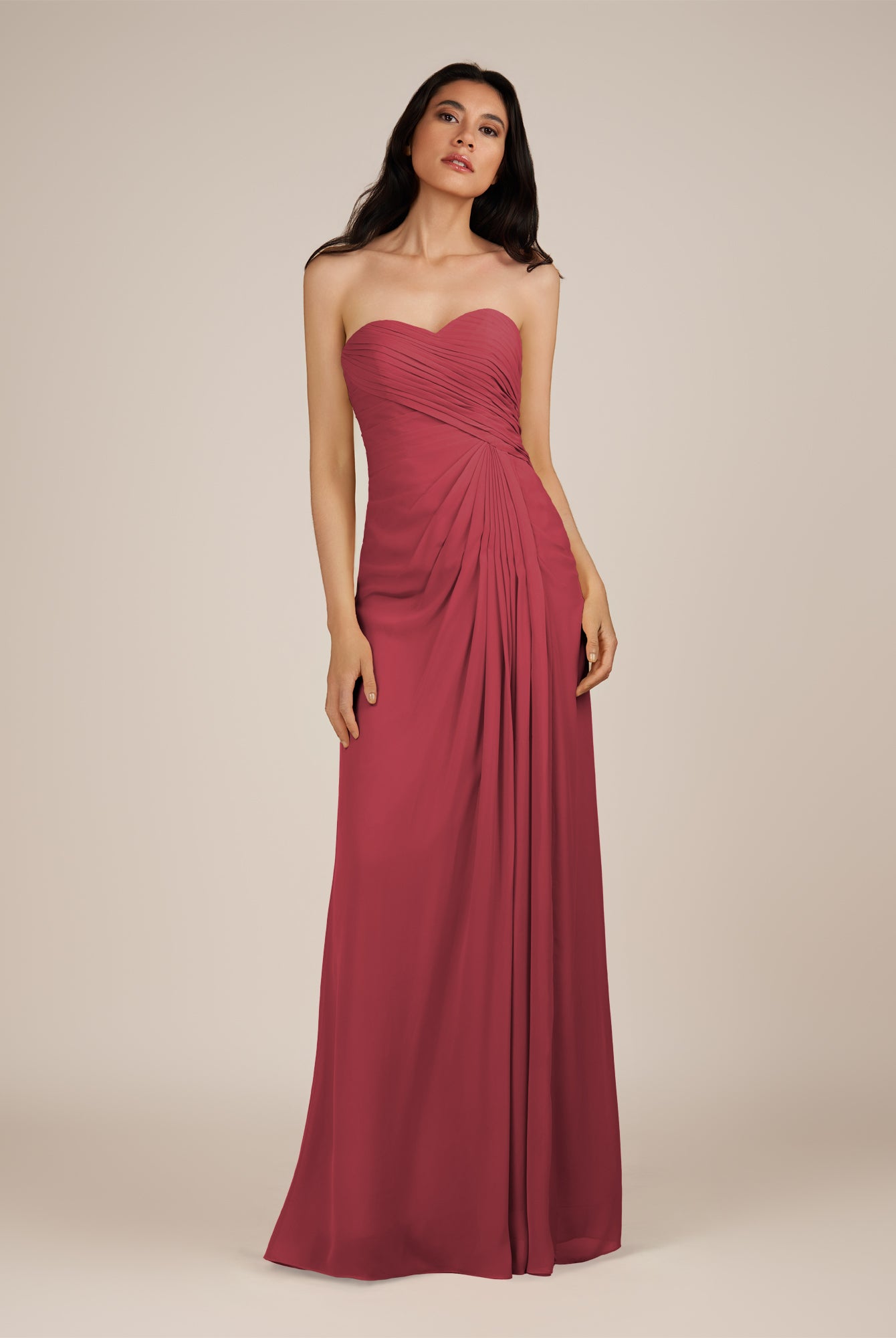 KissDress | Wanlian - Merlot A Line Chiffon Sweetheart Long Bridesmaid Dress with Pleats