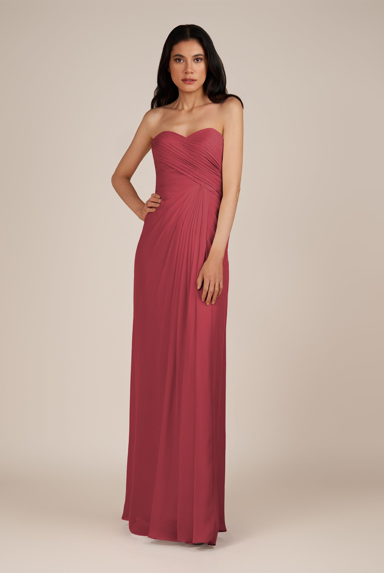 KissDress | Wanlian - Merlot A Line Chiffon Sweetheart Long Bridesmaid Dress with Pleats