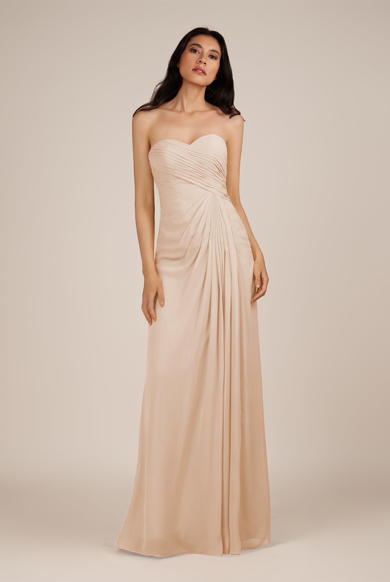 KissDress | Pale Blush - Spice A Line Chiffon Sweetheart Long Bridesmaid Dress with Pleats