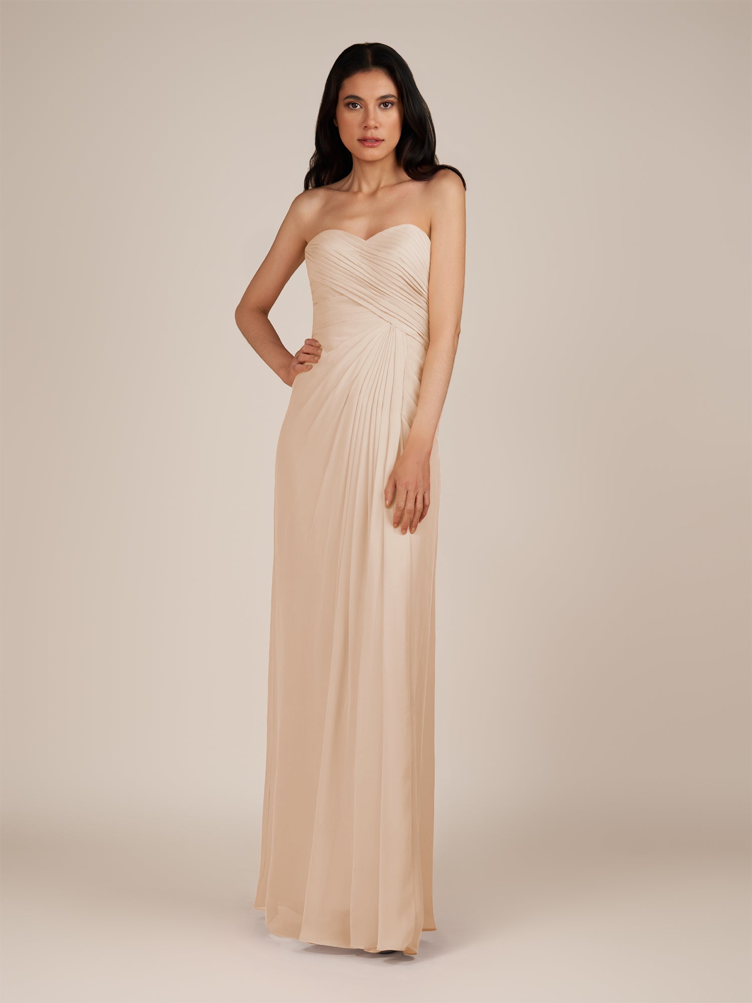 KissDress | Pale Blush - Spice A Line Chiffon Sweetheart Long Bridesmaid Dress with Pleats