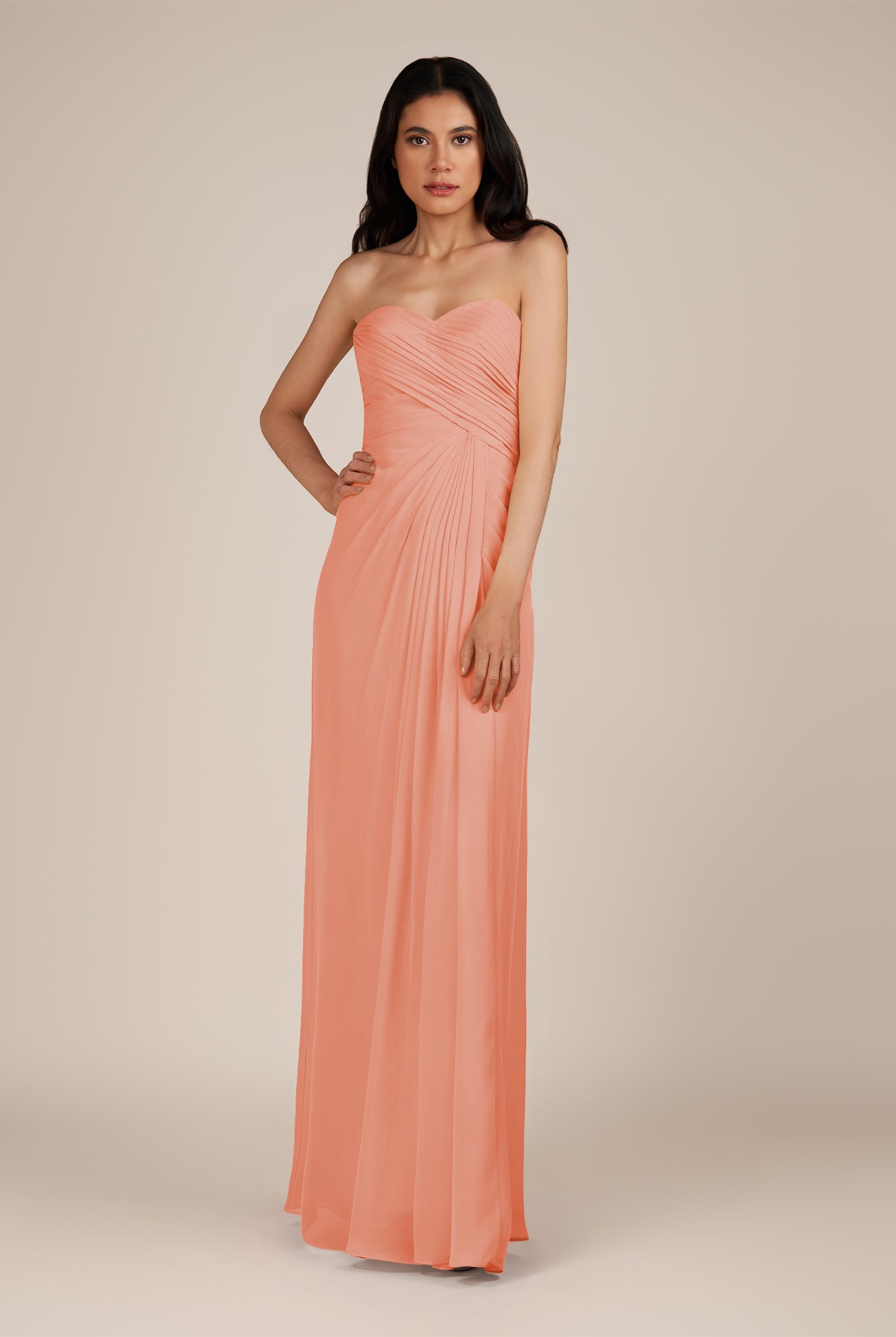 KissDress | Rosette - Spice A Line Chiffon Sweetheart Long Bridesmaid Dress with Pleats