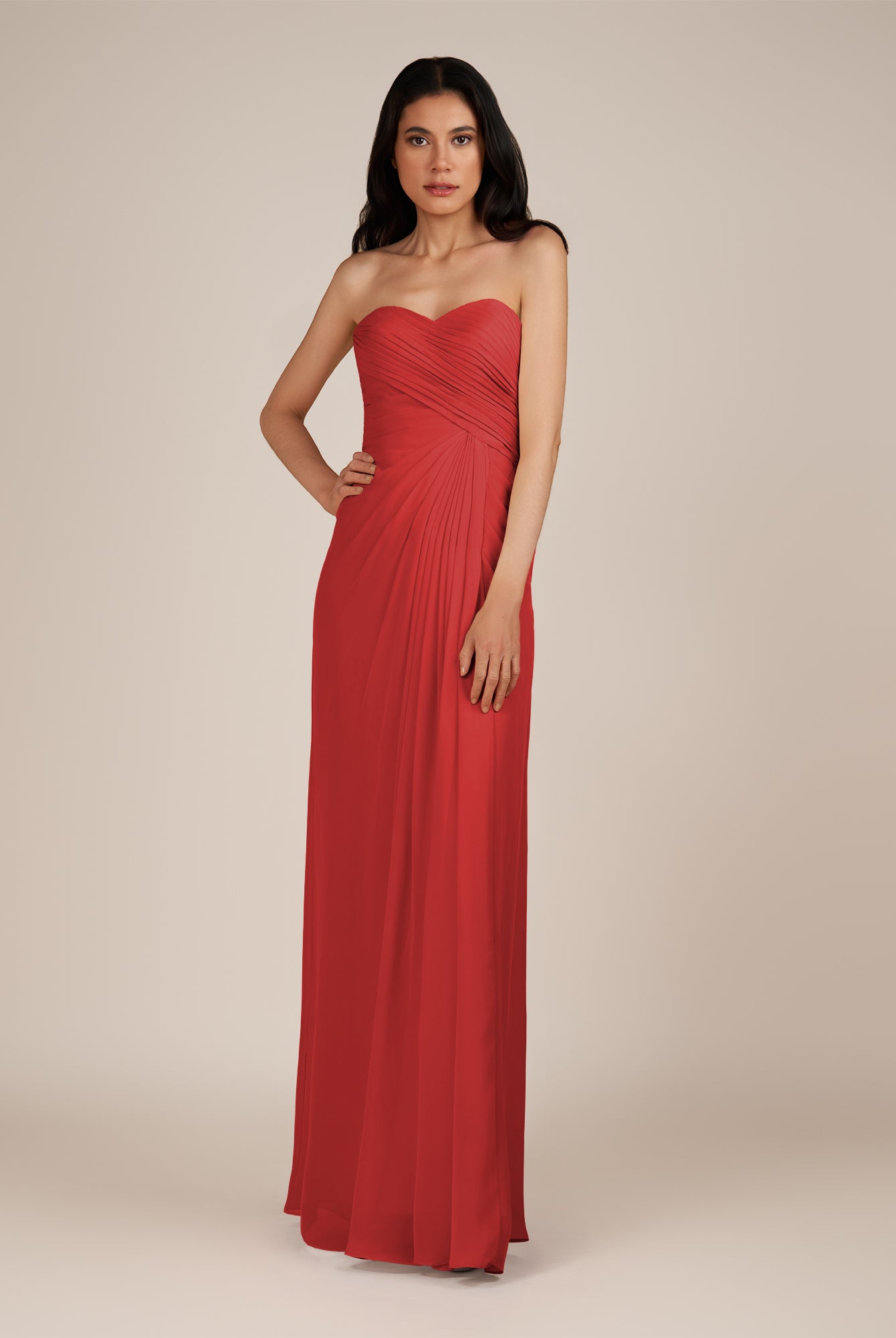 KissDress | Wanlian - Ruby Red A Line Chiffon Sweetheart Long Bridesmaid Dress with Pleats