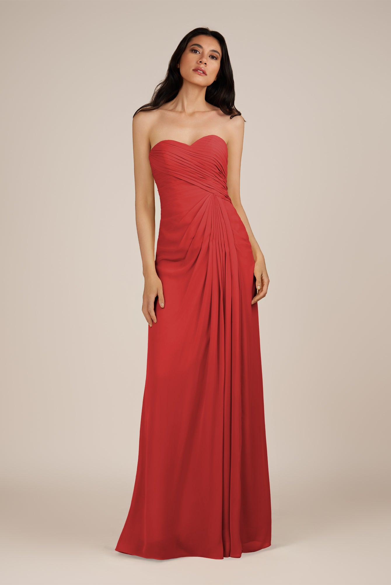 KissDress | Wanlian - Ruby Red A Line Chiffon Sweetheart Long Bridesmaid Dress with Pleats