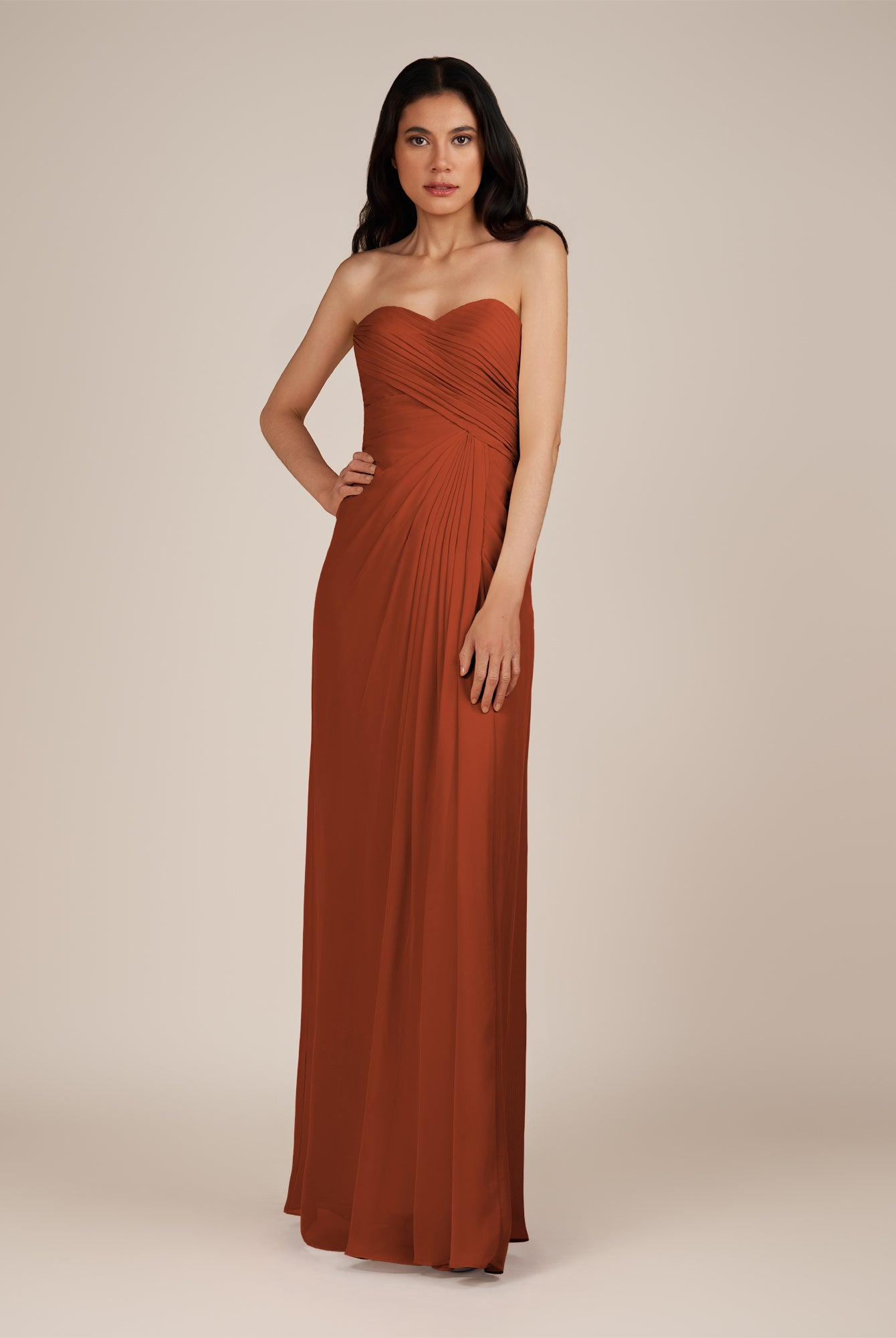 KissDress | Wanlian - Spice A Line Chiffon Sweetheart Long Bridesmaid Dress with Pleats
