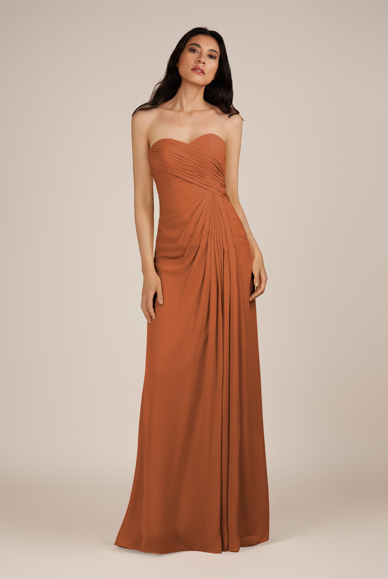 KissDress | Wanlian - Terracotta A Line Chiffon Sweetheart Long Bridesmaid Dress with Pleats