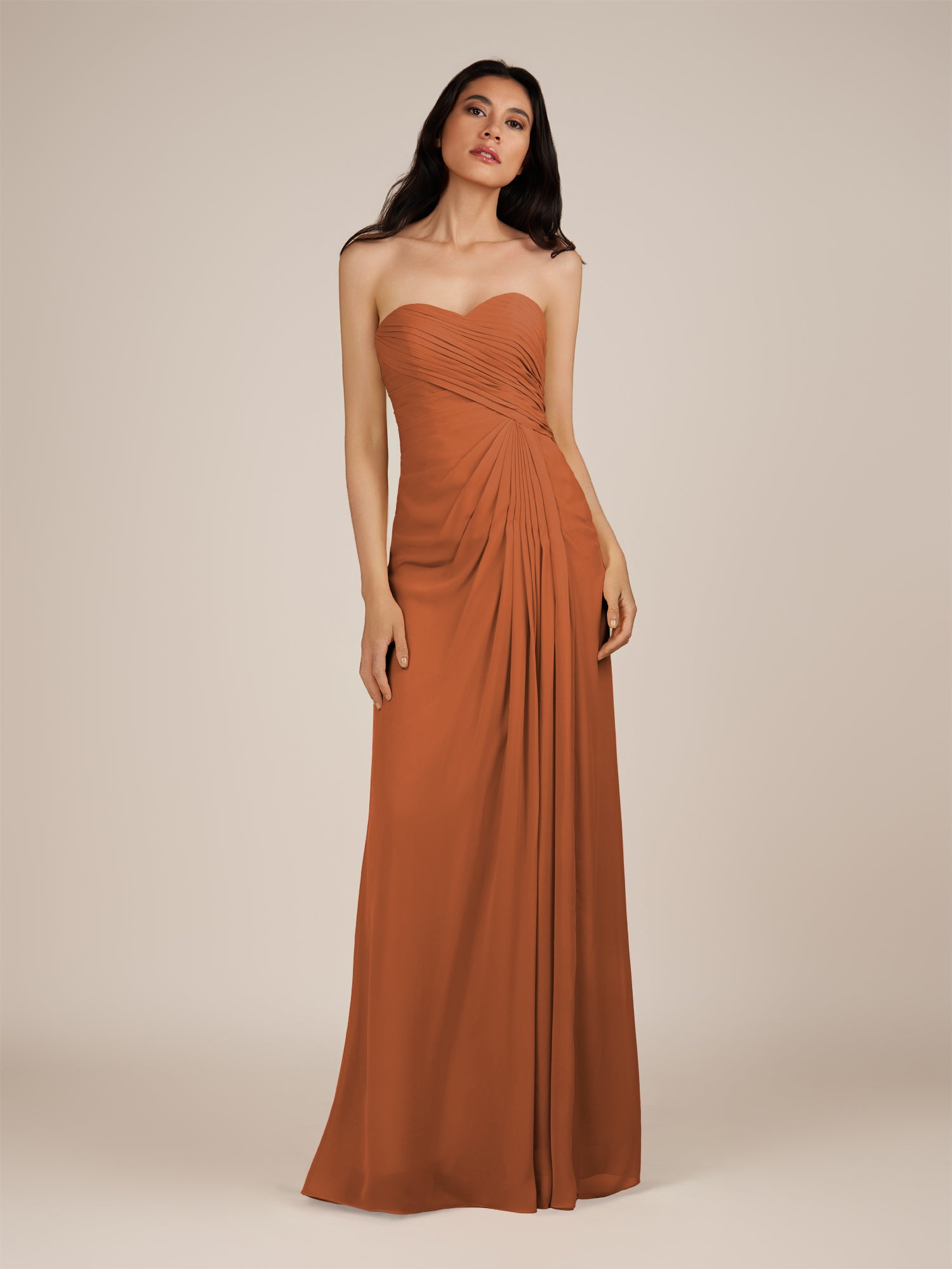 KissDress | Wanlian - Terracotta A Line Chiffon Sweetheart Long Bridesmaid Dress with Pleats
