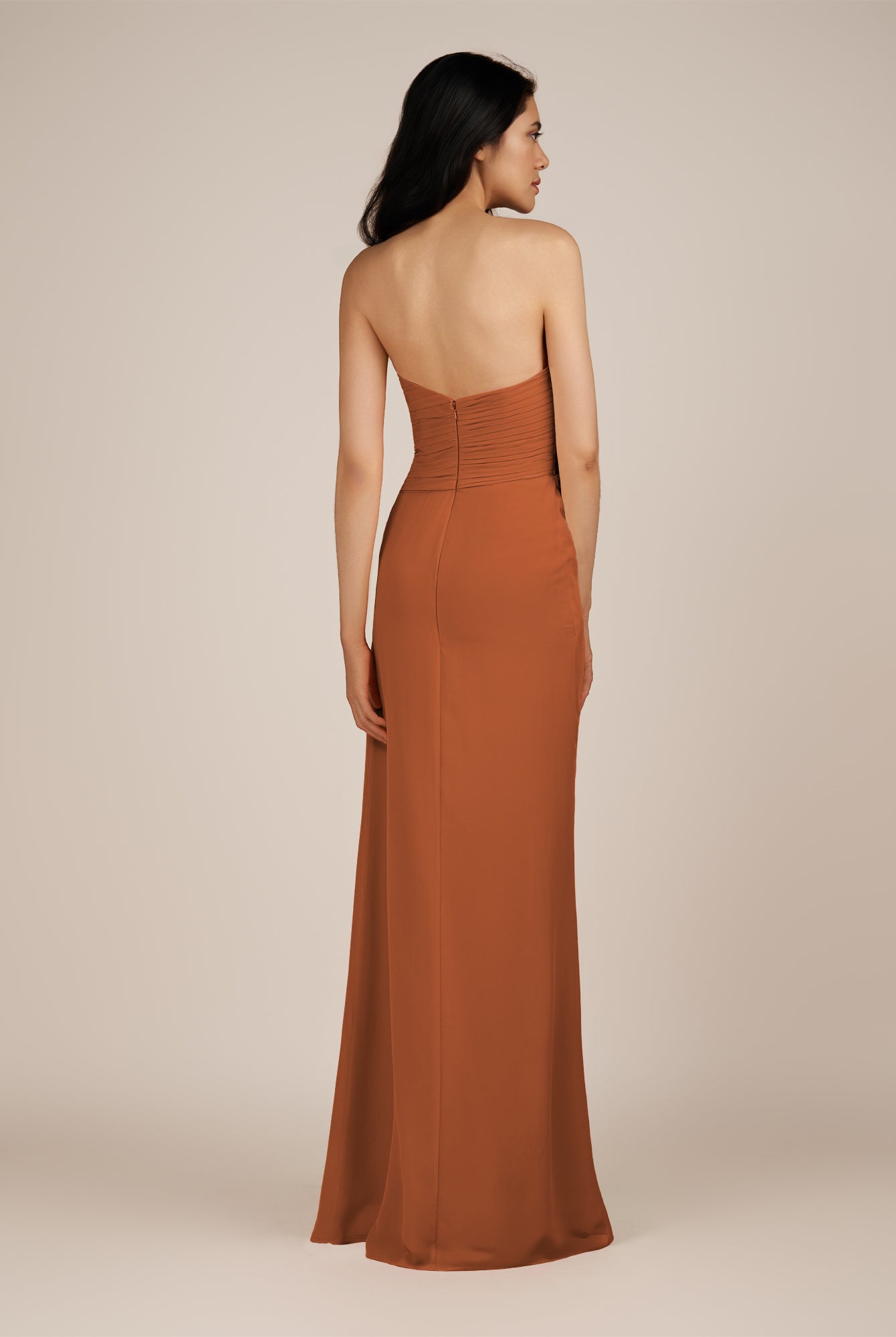KissDress | Wanlian - Terracotta A Line Chiffon Sweetheart Long Bridesmaid Dress with Pleats