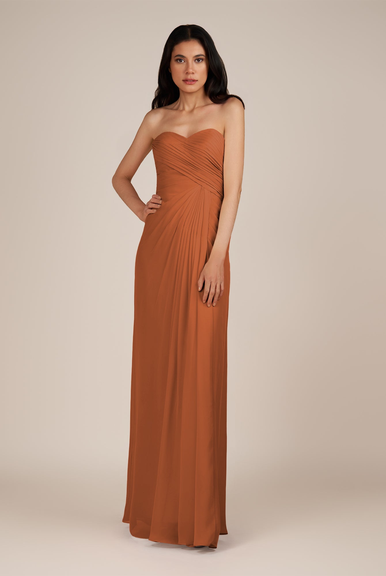 KissDress | Wanlian - Terracotta A Line Chiffon Sweetheart Long Bridesmaid Dress with Pleats
