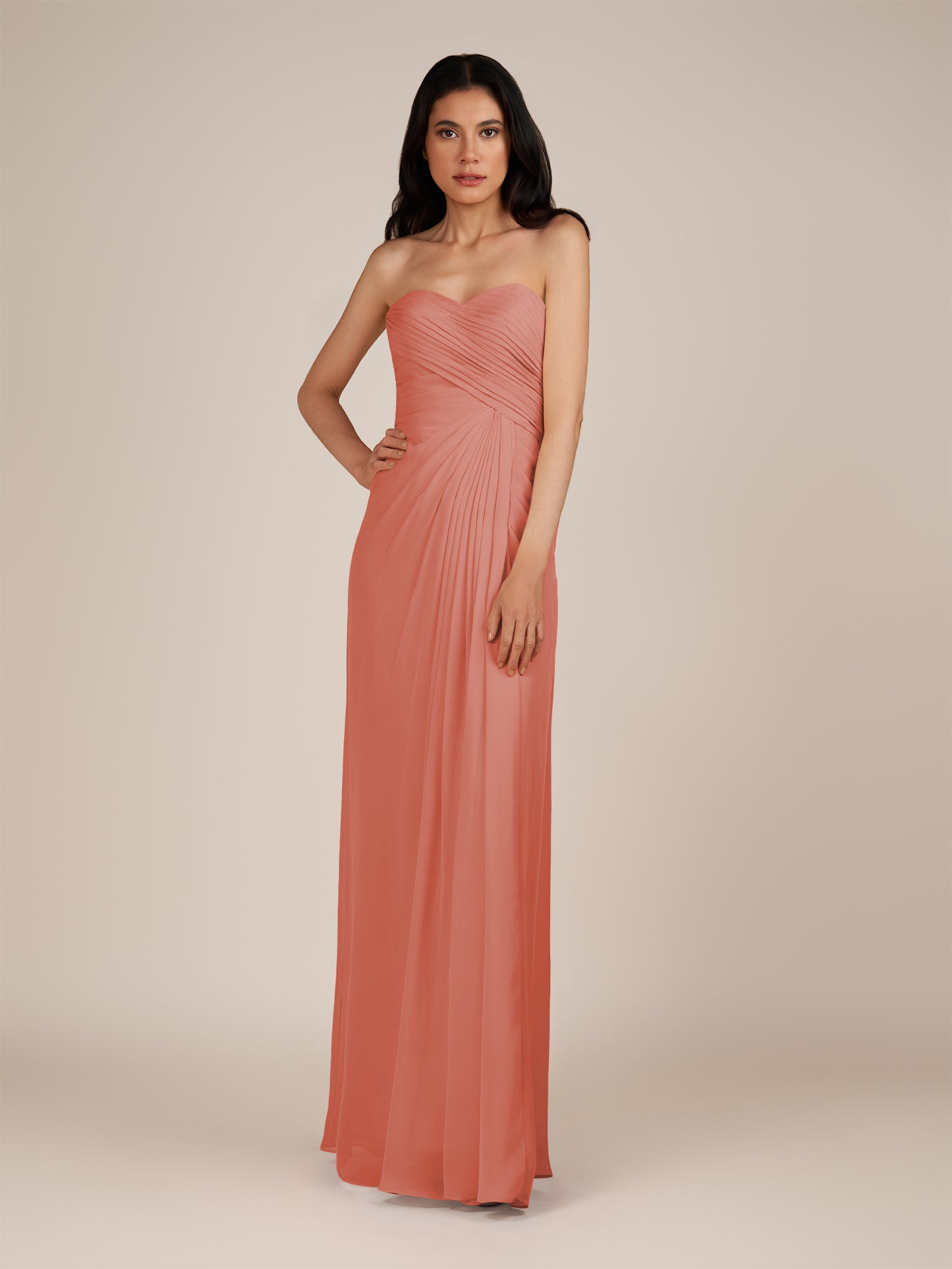 KissDress | Wanlian - Wild Rose A Line Chiffon Sweetheart Long Bridesmaid Dress with Pleats