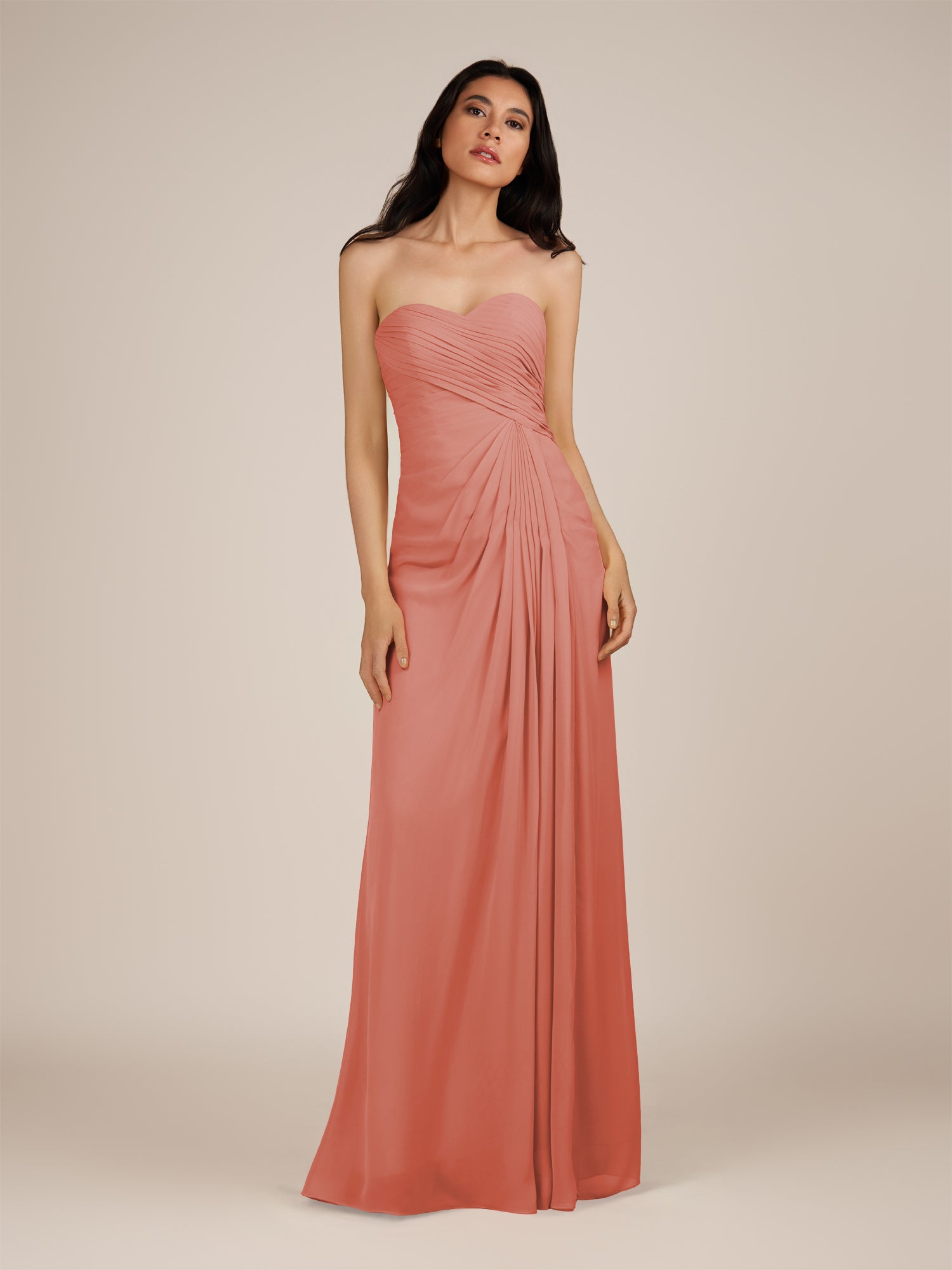 KissDress | Wanlian - Wild Rose A Line Chiffon Sweetheart Long Bridesmaid Dress with Pleats
