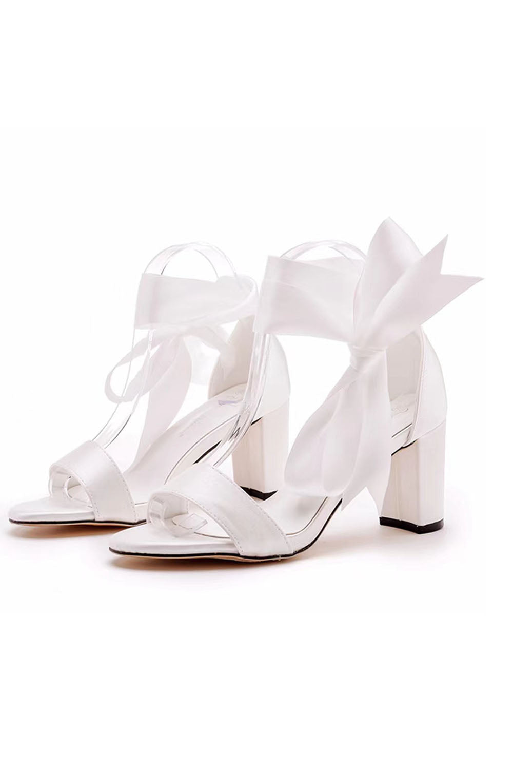 Wedding Shoes Peep Toe Sandals Chunky Heel Satin With Ribbon Tie Bow-Knot