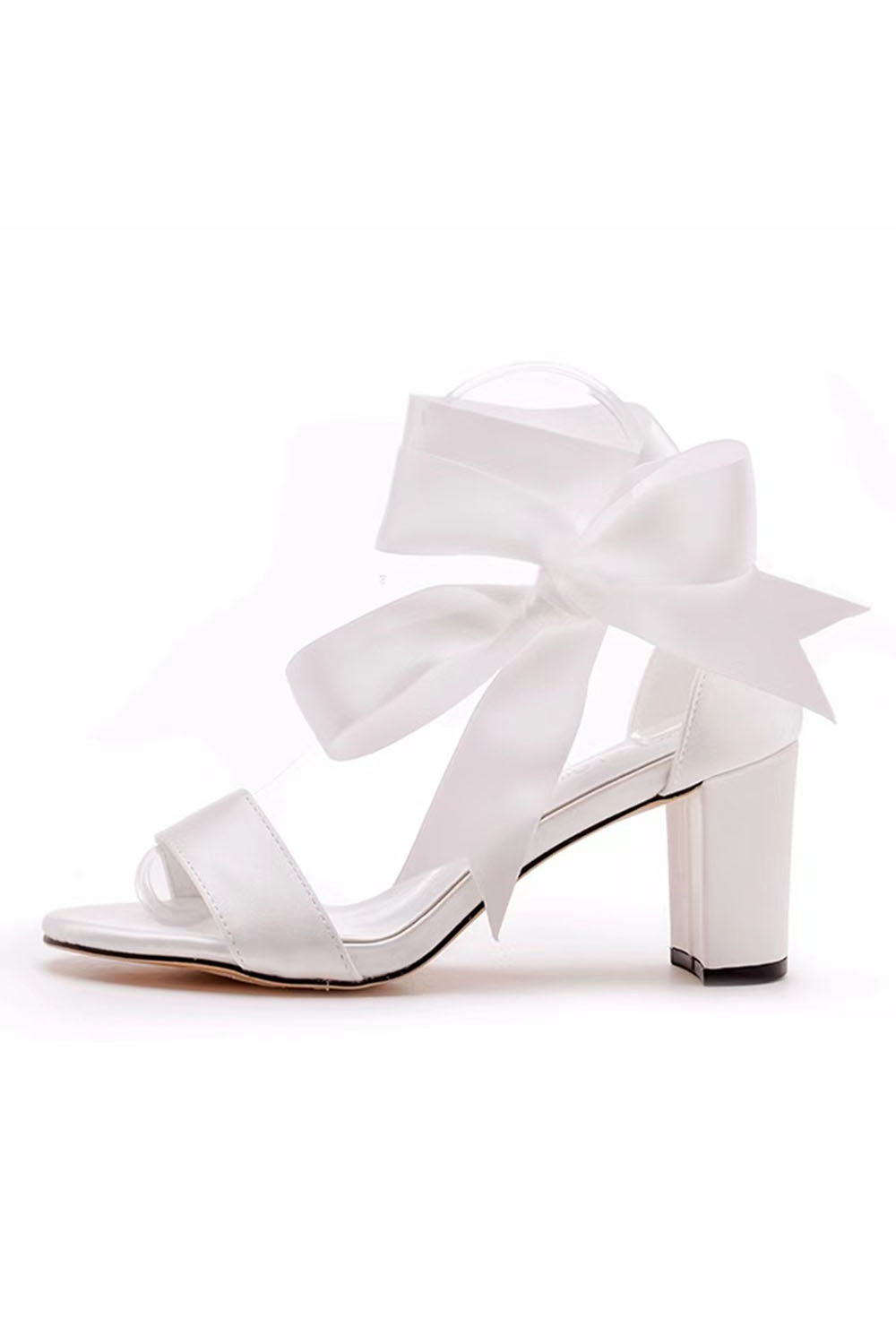 Wedding Shoes Peep Toe Sandals Chunky Heel Satin With Ribbon Tie Bow-Knot