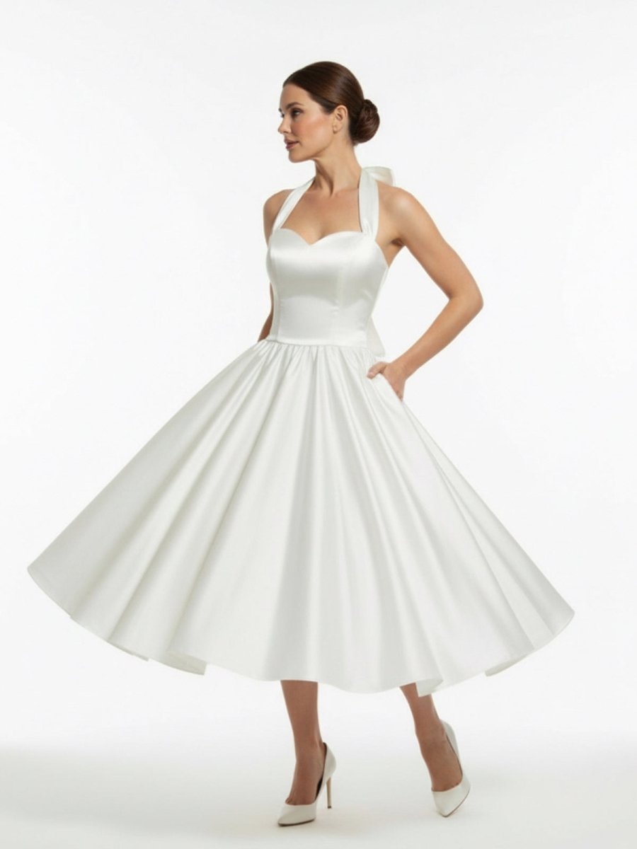 KissDress-White A-Line Halter Sleeveless Tea Length Satin Bridal Gowns With Bow(s) Pleats