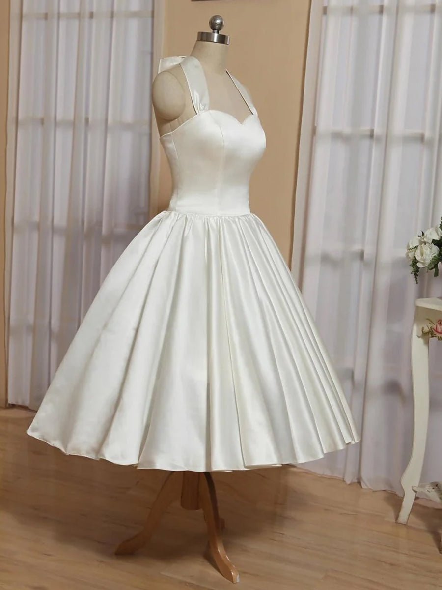 KissDress-White A-Line Halter Sleeveless Tea Length Satin Bridal Gowns With Bow(s) Pleats