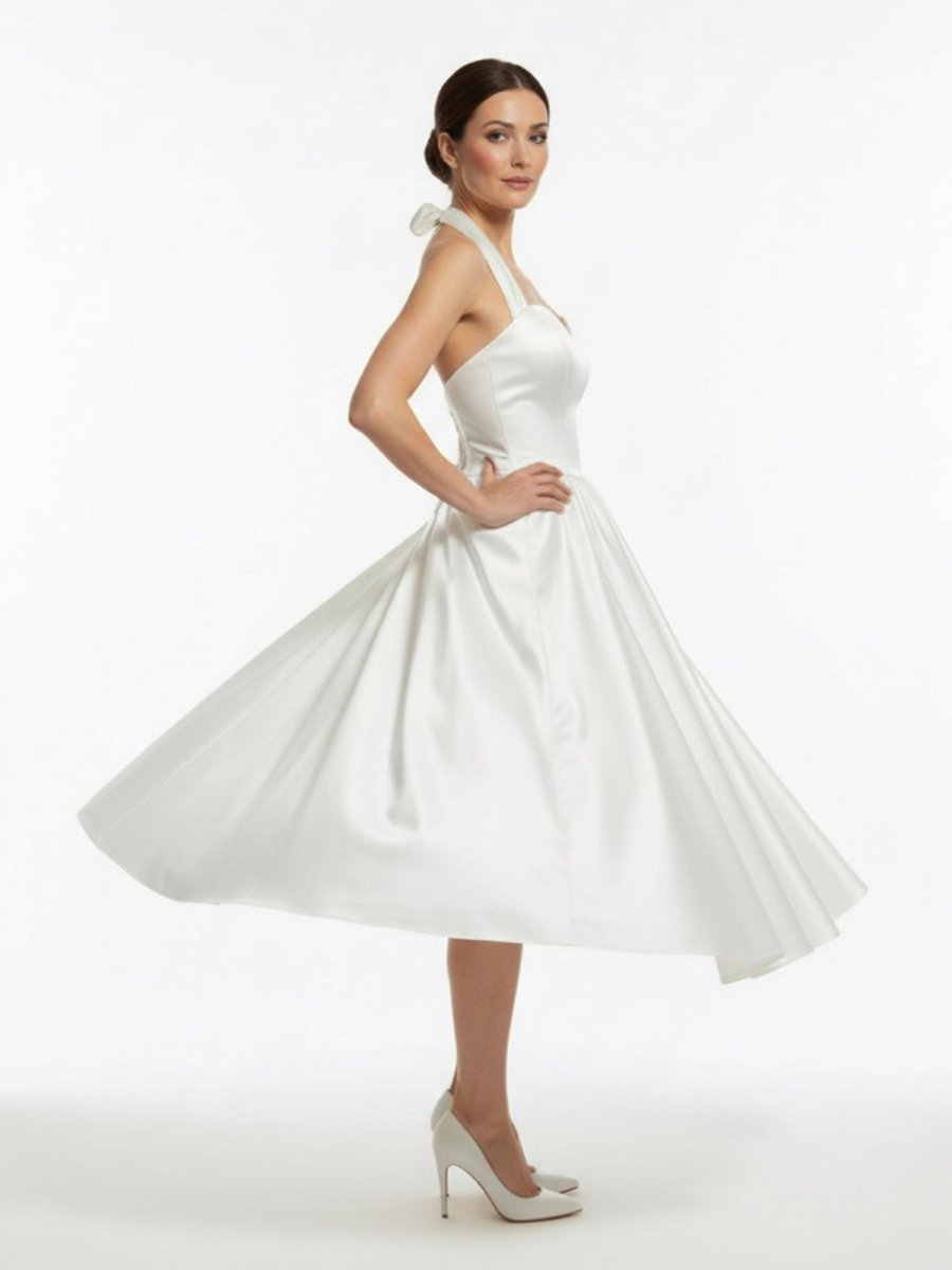 KissDress-White A-Line Halter Sleeveless Tea Length Satin Bridal Gowns With Bow(s) Pleats