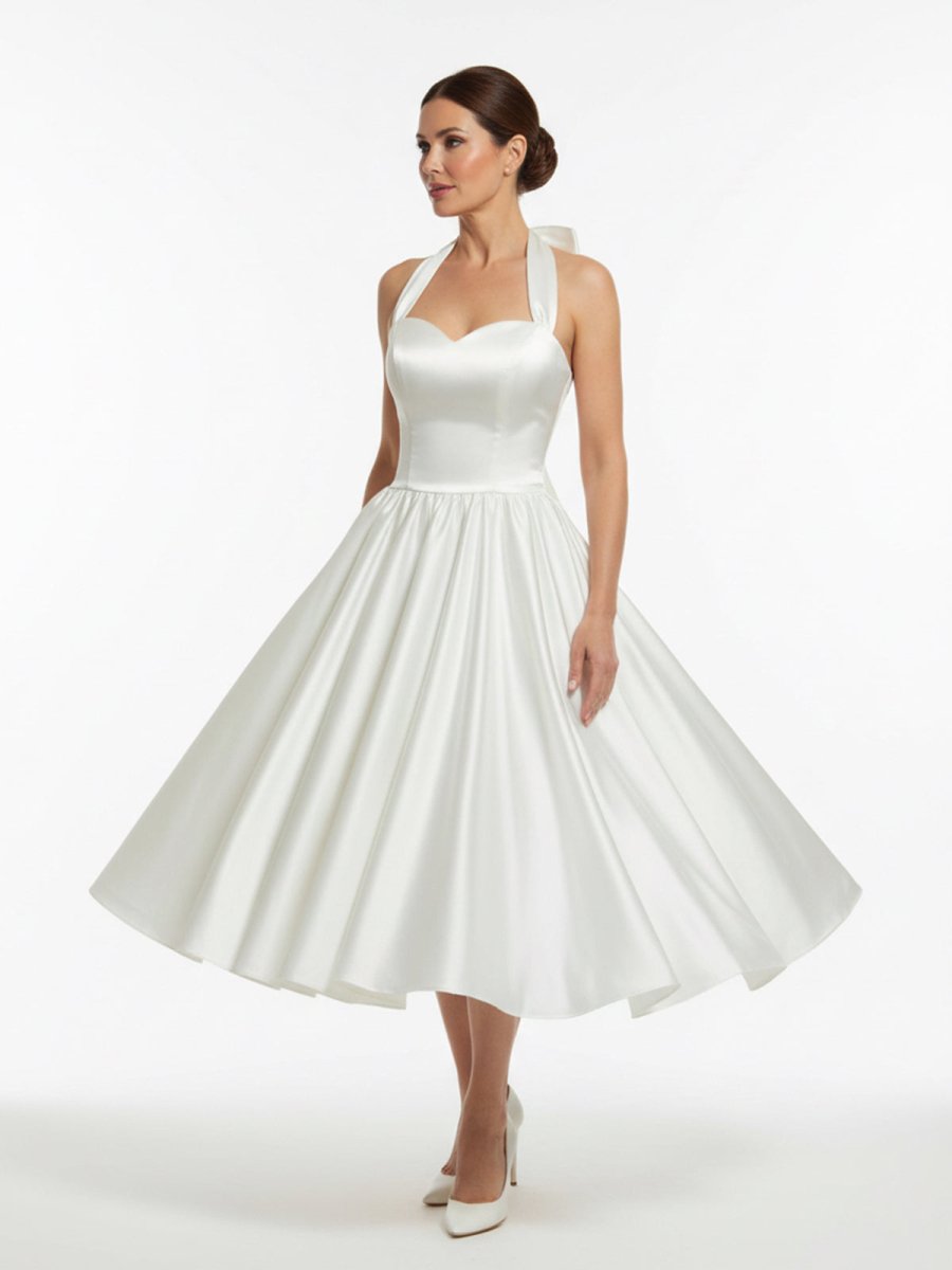 KissDress-White A-Line Halter Sleeveless Tea Length Satin Bridal Gowns With Bow(s) Pleats