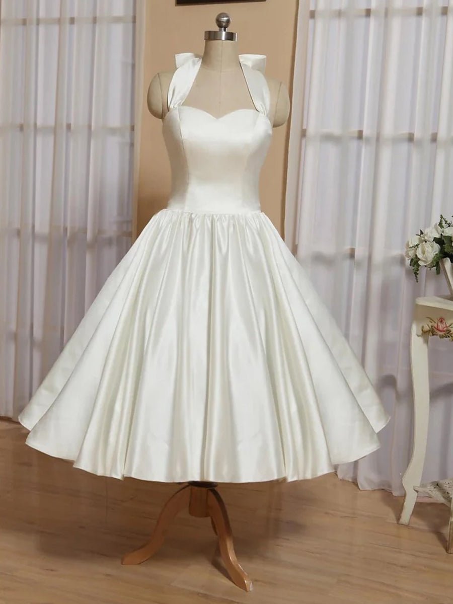 KissDress-White A-Line Halter Sleeveless Tea Length Satin Bridal Gowns With Bow(s) Pleats