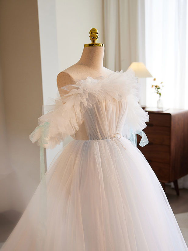 White A-Line Tulle Long Prom Dress White Formal Dress