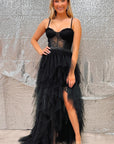 White Lace Corset High-Low Party Dress with Ruffles