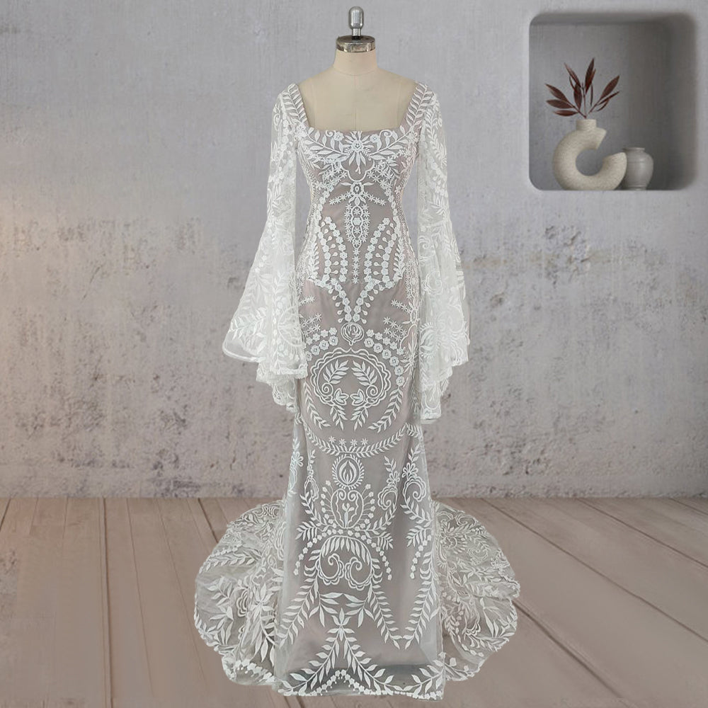 White Mermaid Enchantment Flower Prints Wedding Dress