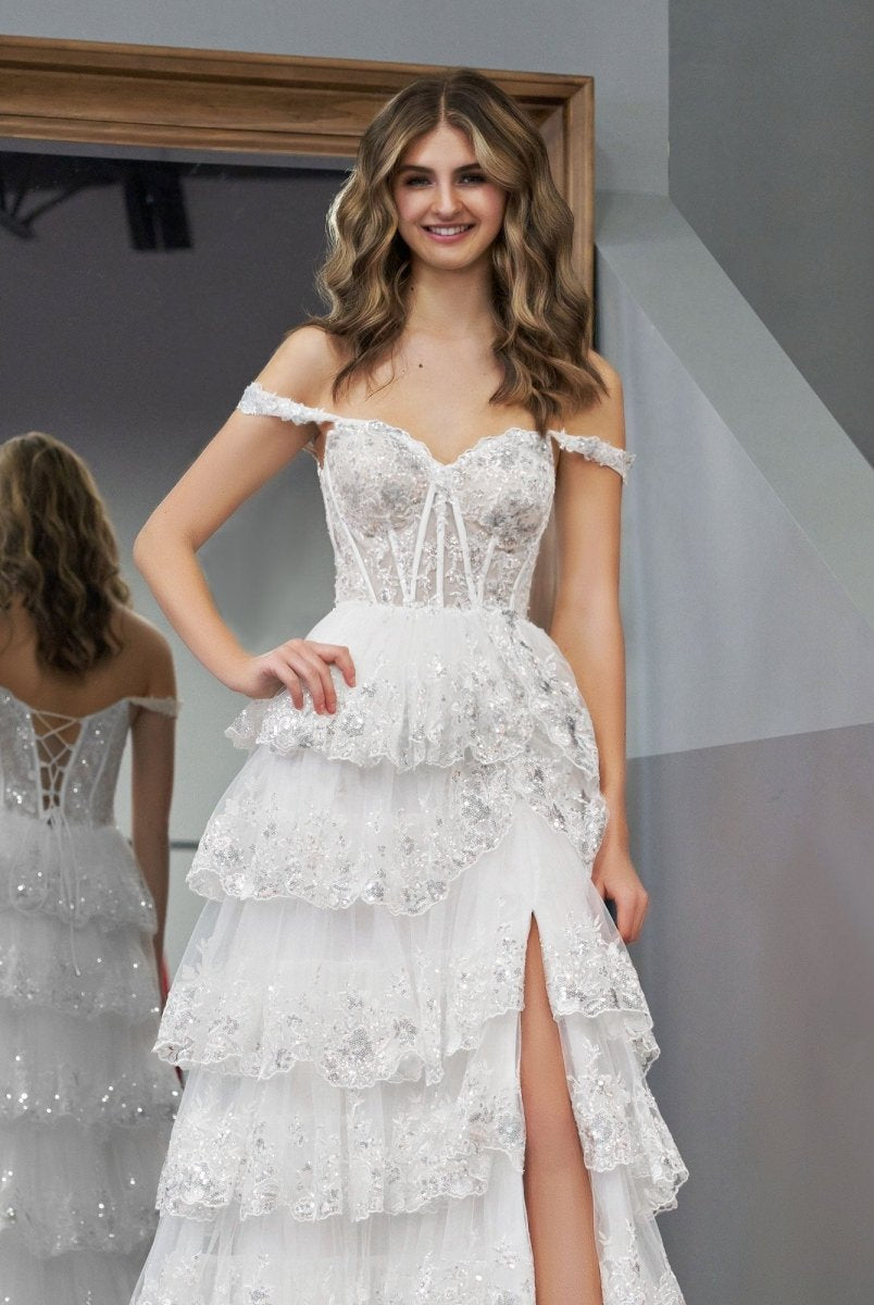 White Princess A Line Off the Shoulder White Corset Prom Dress with Lace Ruffles - KissProm
