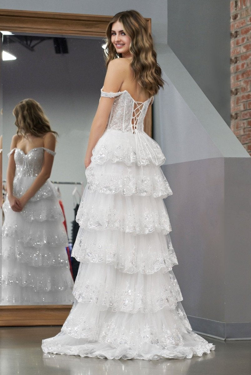 White Princess A Line Off the Shoulder White Corset Prom Dress with Lace Ruffles - KissProm