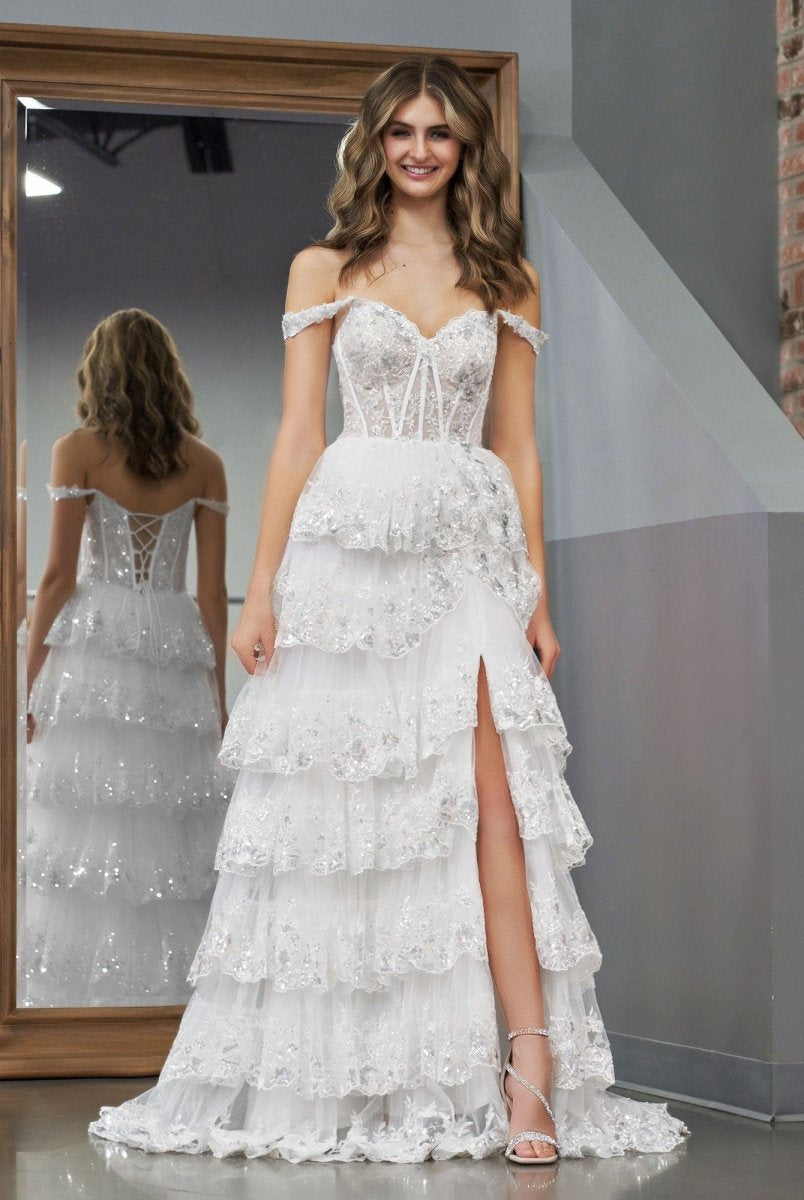 White Princess A Line Off the Shoulder White Corset Prom Dress with Lace Ruffles - KissProm