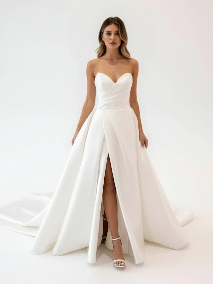 KissDress-Milana White Satin Long A-Line Wedding Dress with Slit