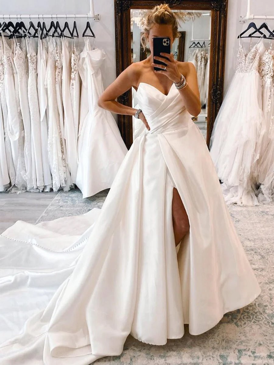 KissDress-Milana White Satin Long A-Line Wedding Dress with Slit