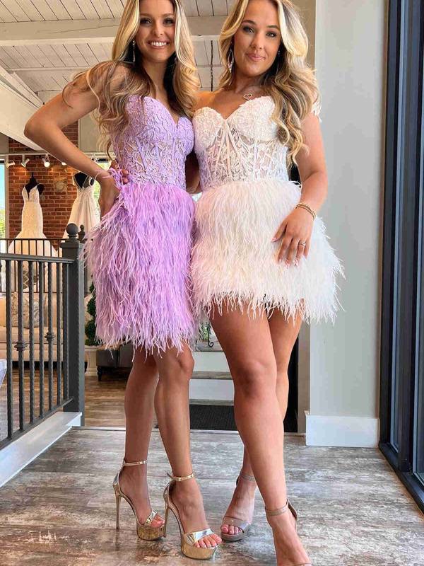 Sheath Sweetheart Lace Feather Skirt Homecoming Dress
