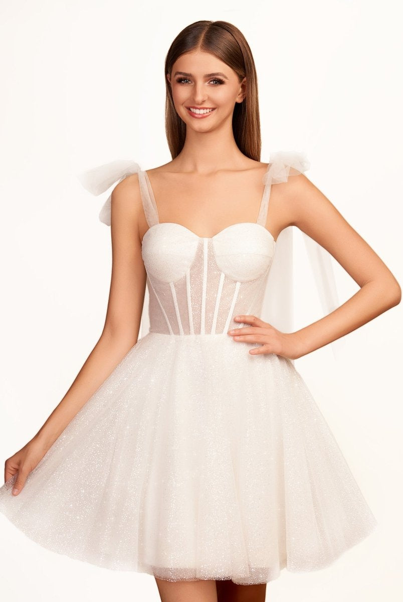 Jessalyn | A - Line Tie Shoulder Ivory Spraying Short Party Dress - KissProm