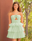 KissDress A Line Tulle Keyhole Halter Short Homecoming Dress with Ruffles | This dress boasts a striking hue, a halter neckline, and charming details like ruffles, pleats, and handmade flowers.