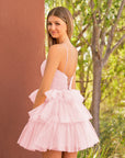 KissDress A Line Tulle Keyhole Halter Short Homecoming Dress with Ruffles | This dress boasts a striking hue, a halter neckline, and charming details like ruffles, pleats, and handmade flowers.