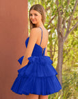 KissDress A Line Tulle Keyhole Halter Short Homecoming Dress with Ruffles | This dress boasts a striking hue, a halter neckline, and charming details like ruffles, pleats, and handmade flowers.
