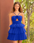 KissDress A Line Tulle Keyhole Halter Short Homecoming Dress with Ruffles | This dress boasts a striking hue, a halter neckline, and charming details like ruffles, pleats, and handmade flowers.