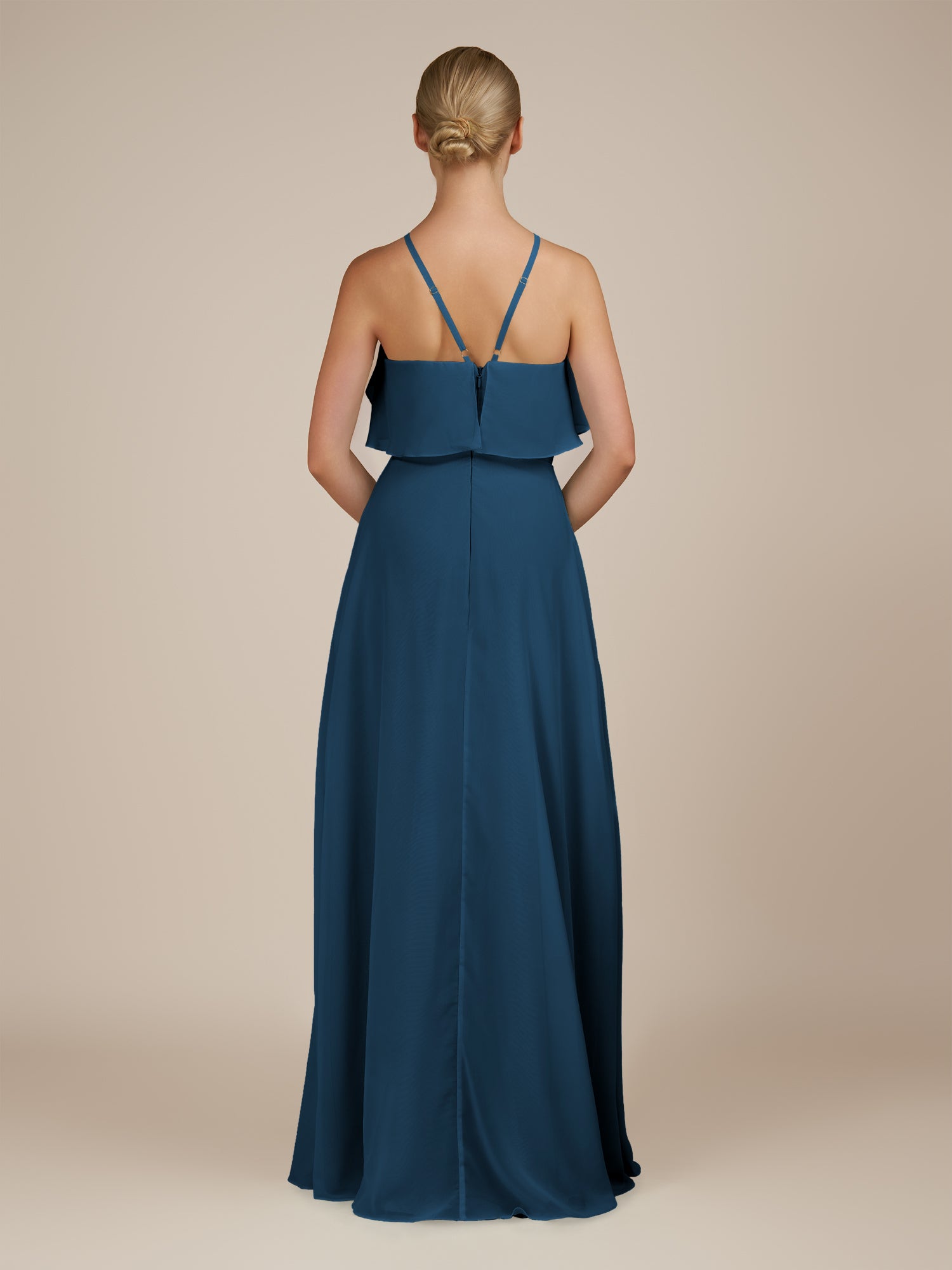 KissDress-Wynne Bermuda A Line Chiffon Halter Neck Ruffled Overlay Long Bridesmaid Dress