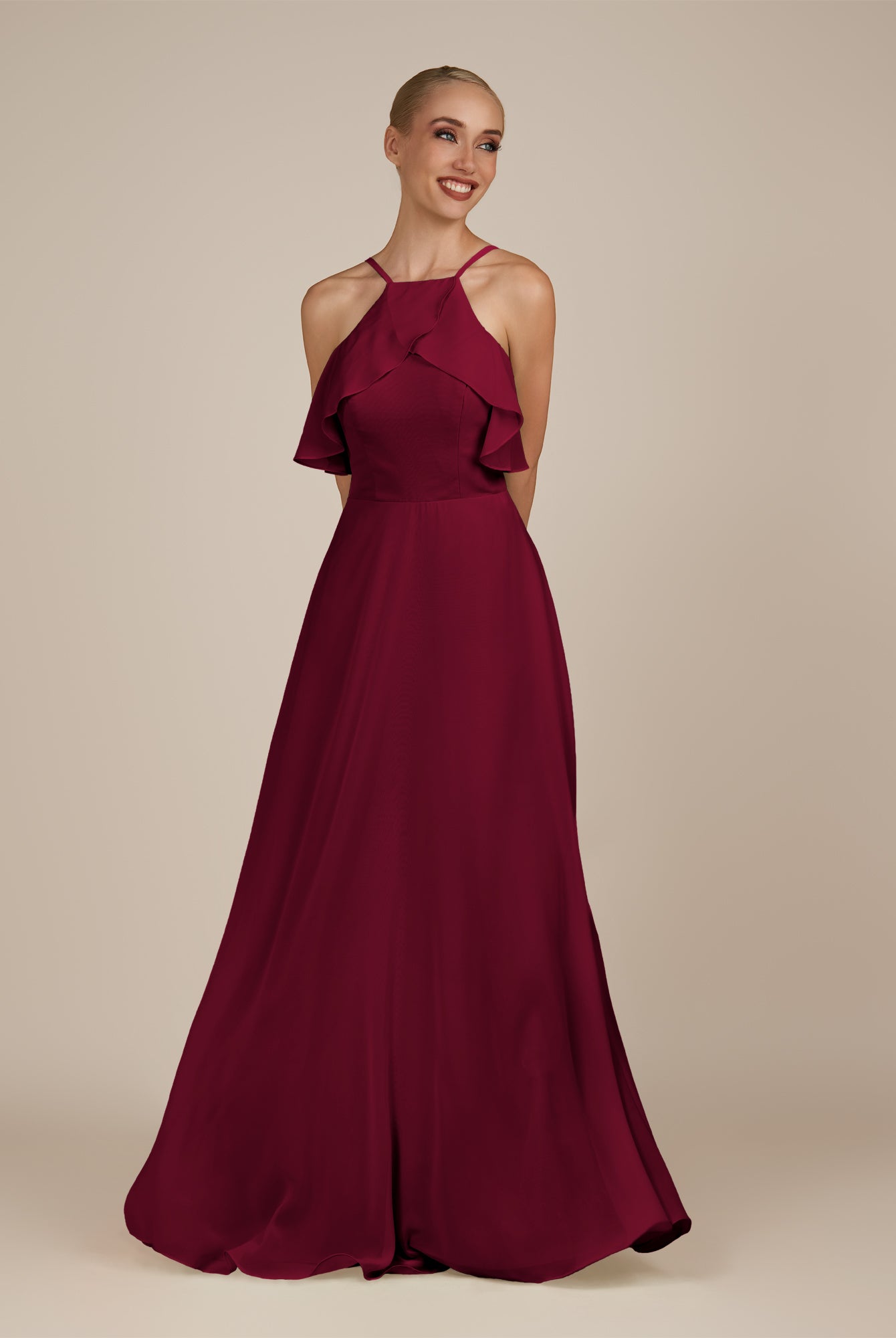KissDress-Wynne Berry A Line Chiffon Halter Neck Ruffled Overlay Long Bridesmaid Dress
