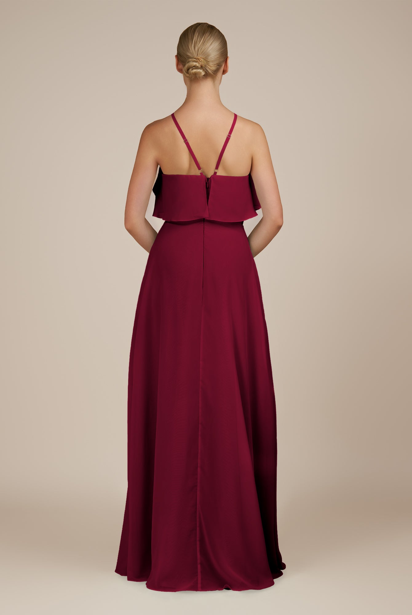 KissDress-Wynne Berry A Line Chiffon Halter Neck Ruffled Overlay Long Bridesmaid Dress