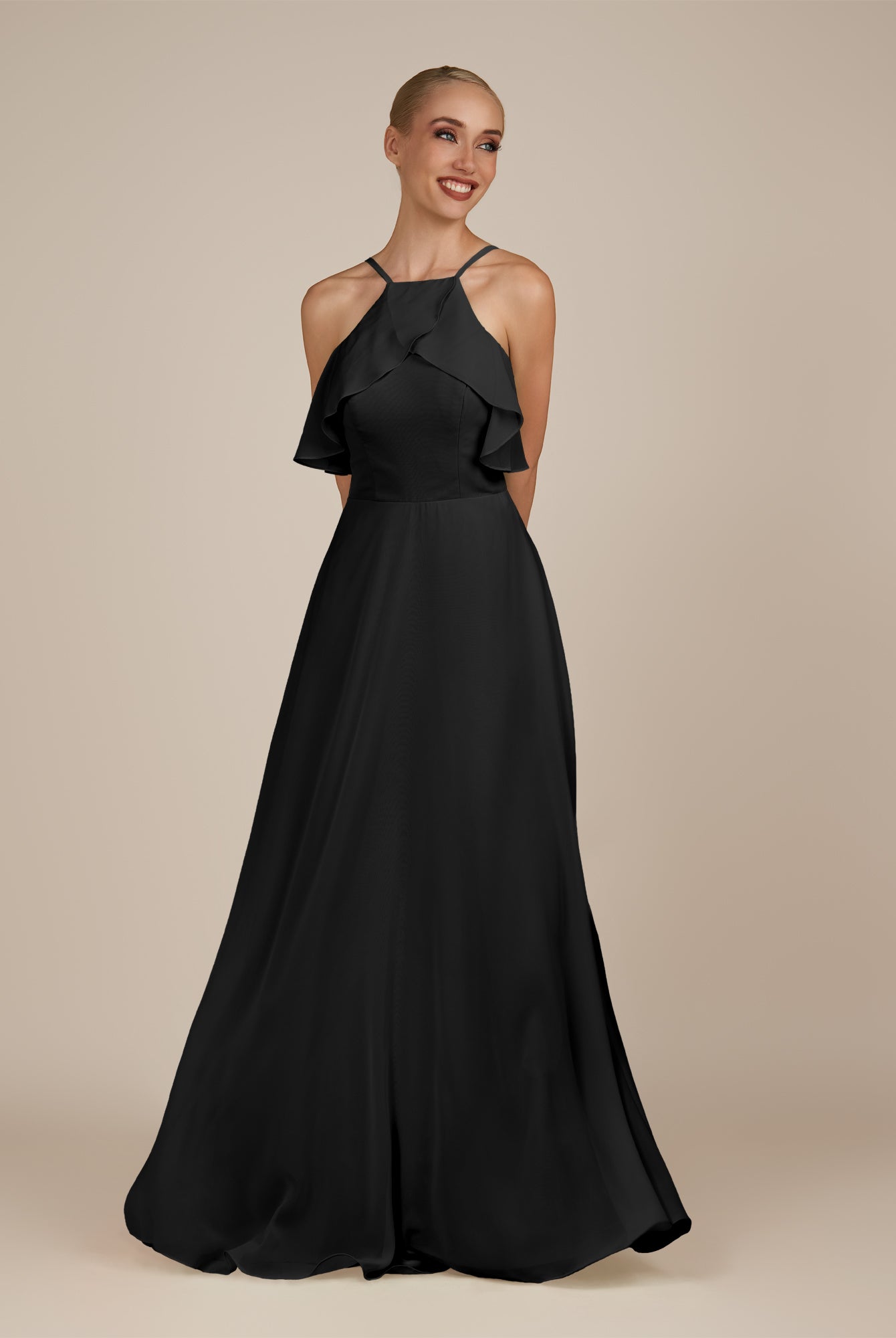 KissDress-Wynne Black A Line Chiffon Halter Neck Ruffled Overlay Long Bridesmaid Dress
