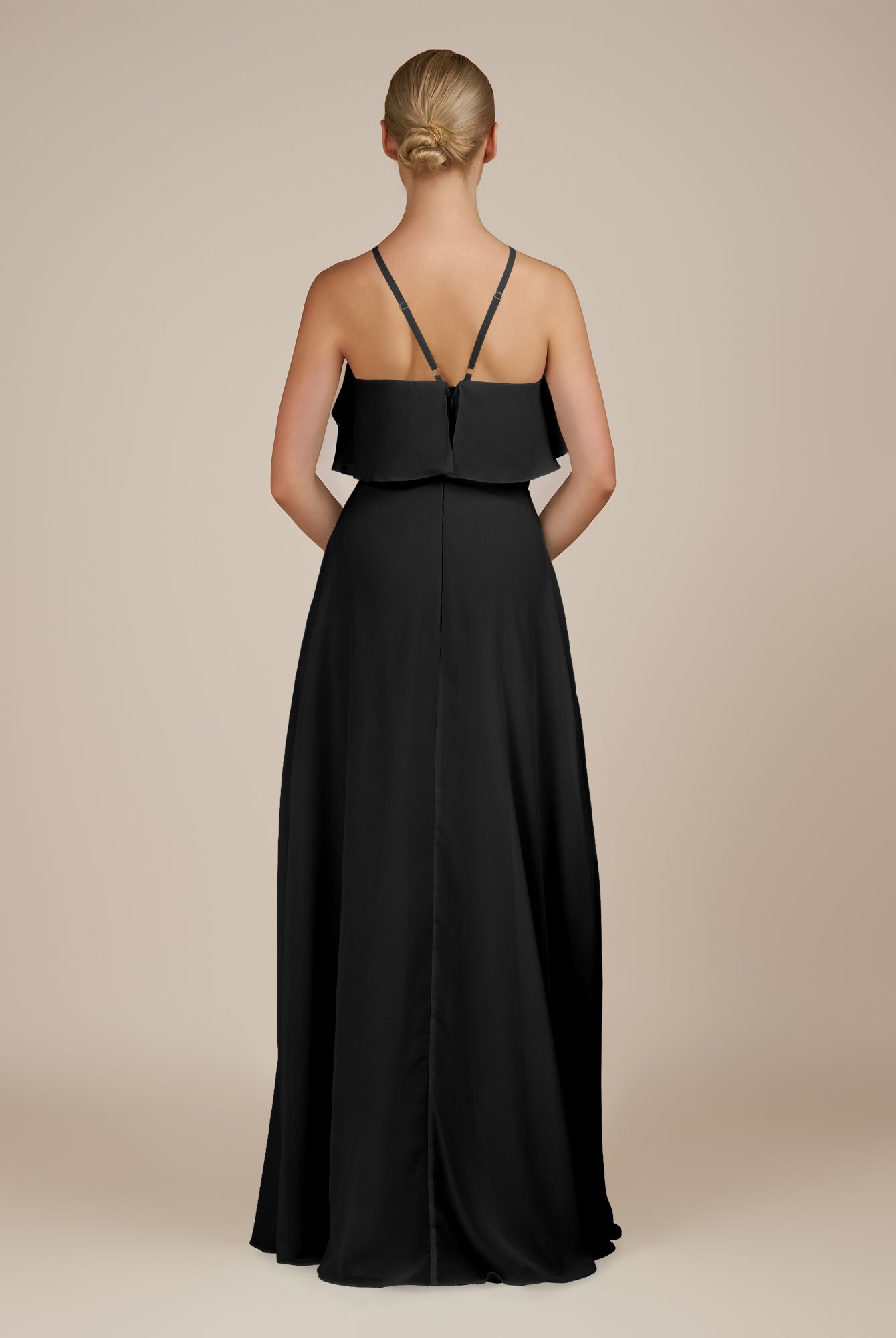KissDress-Wynne Black A Line Chiffon Halter Neck Ruffled Overlay Long Bridesmaid Dress