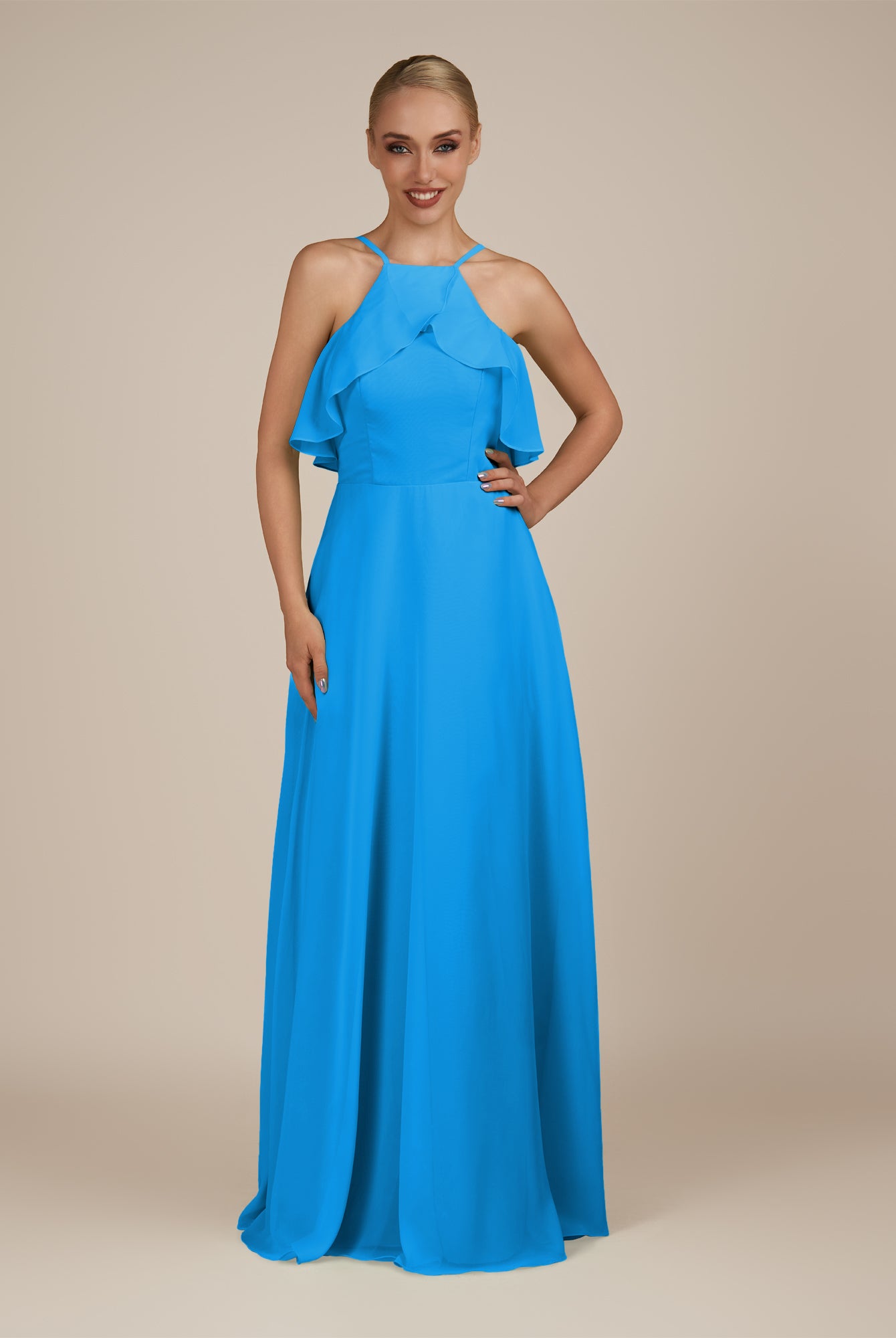 KissDress-Wynne Blue Jay A Line Chiffon Halter Neck Ruffled Overlay Long Bridesmaid Dress