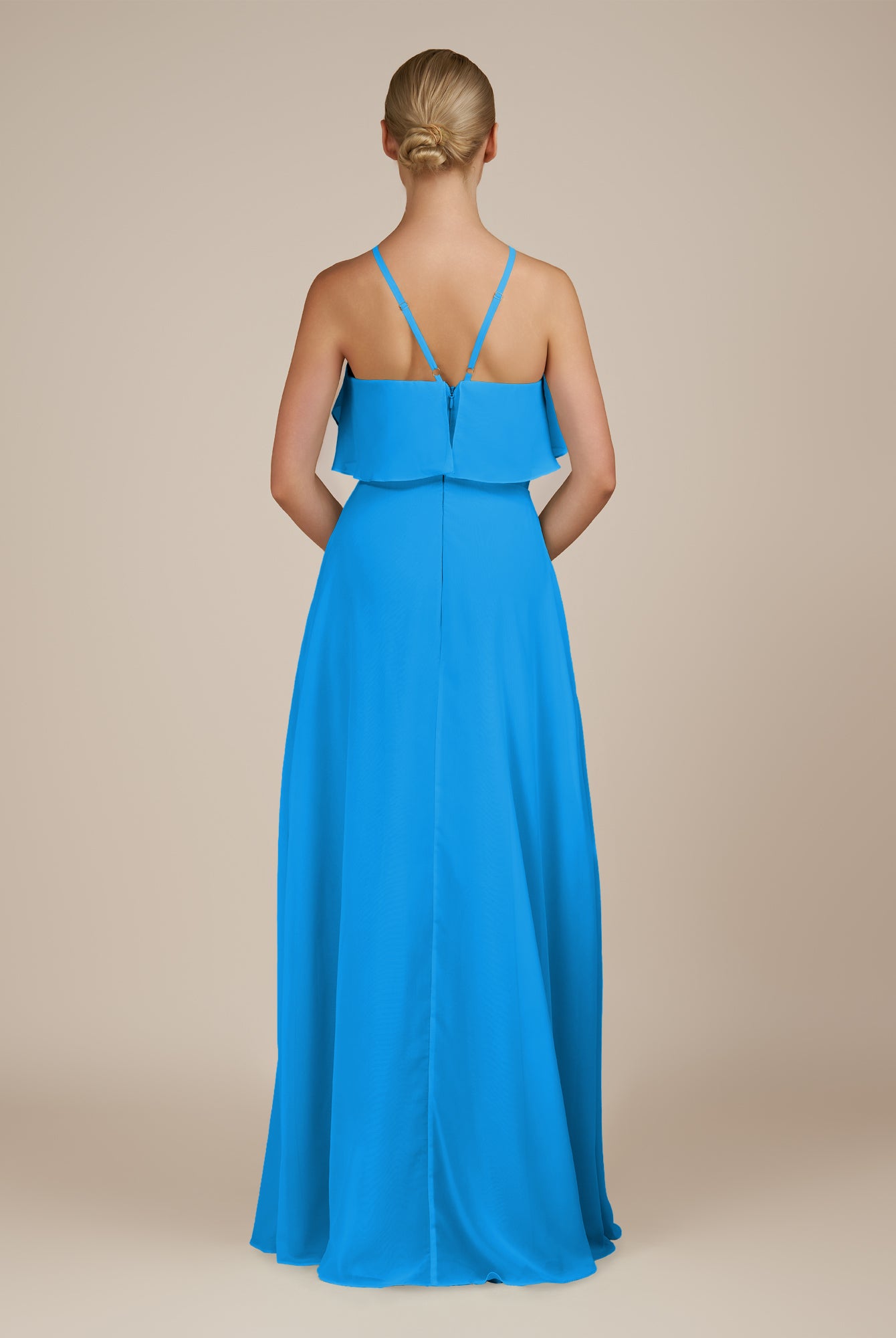 KissDress-Wynne Blue Jay A Line Chiffon Halter Neck Ruffled Overlay Long Bridesmaid Dress