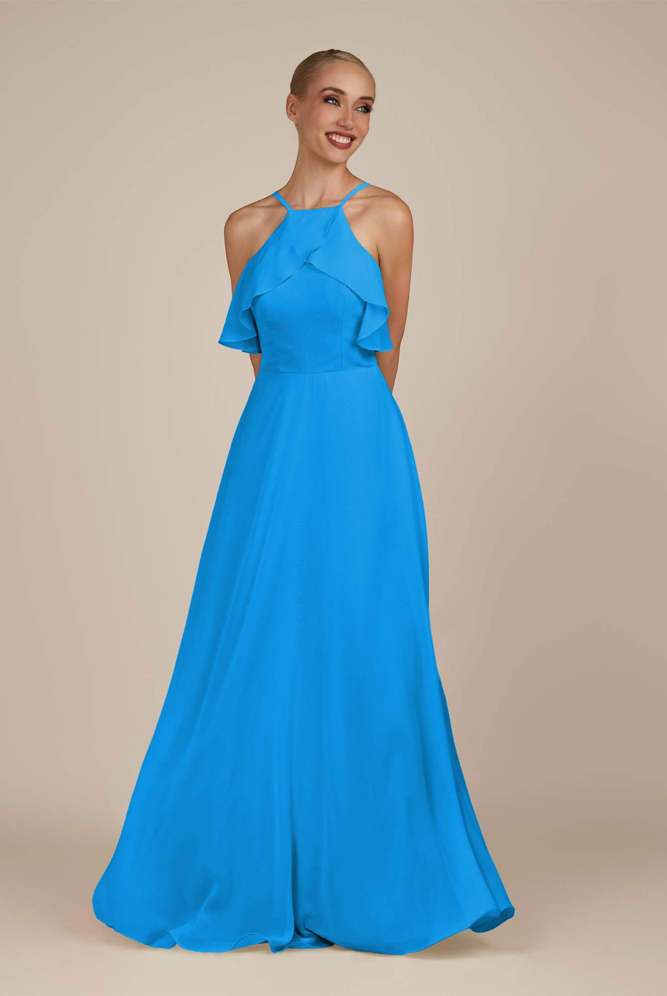 KissDress-Wynne Blue Jay A Line Chiffon Halter Neck Ruffled Overlay Long Bridesmaid Dress